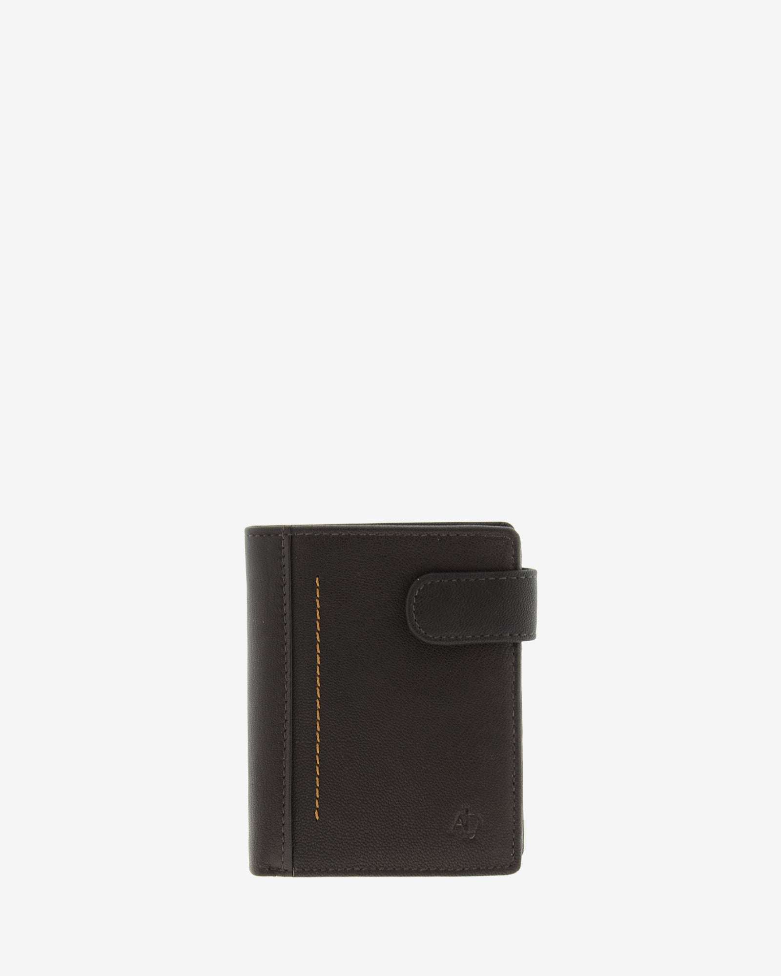Cartera de hombre Maxwell Slim en piel marrón con cierre de solapa y costura decorativa vertical en contraste, vista frontal.