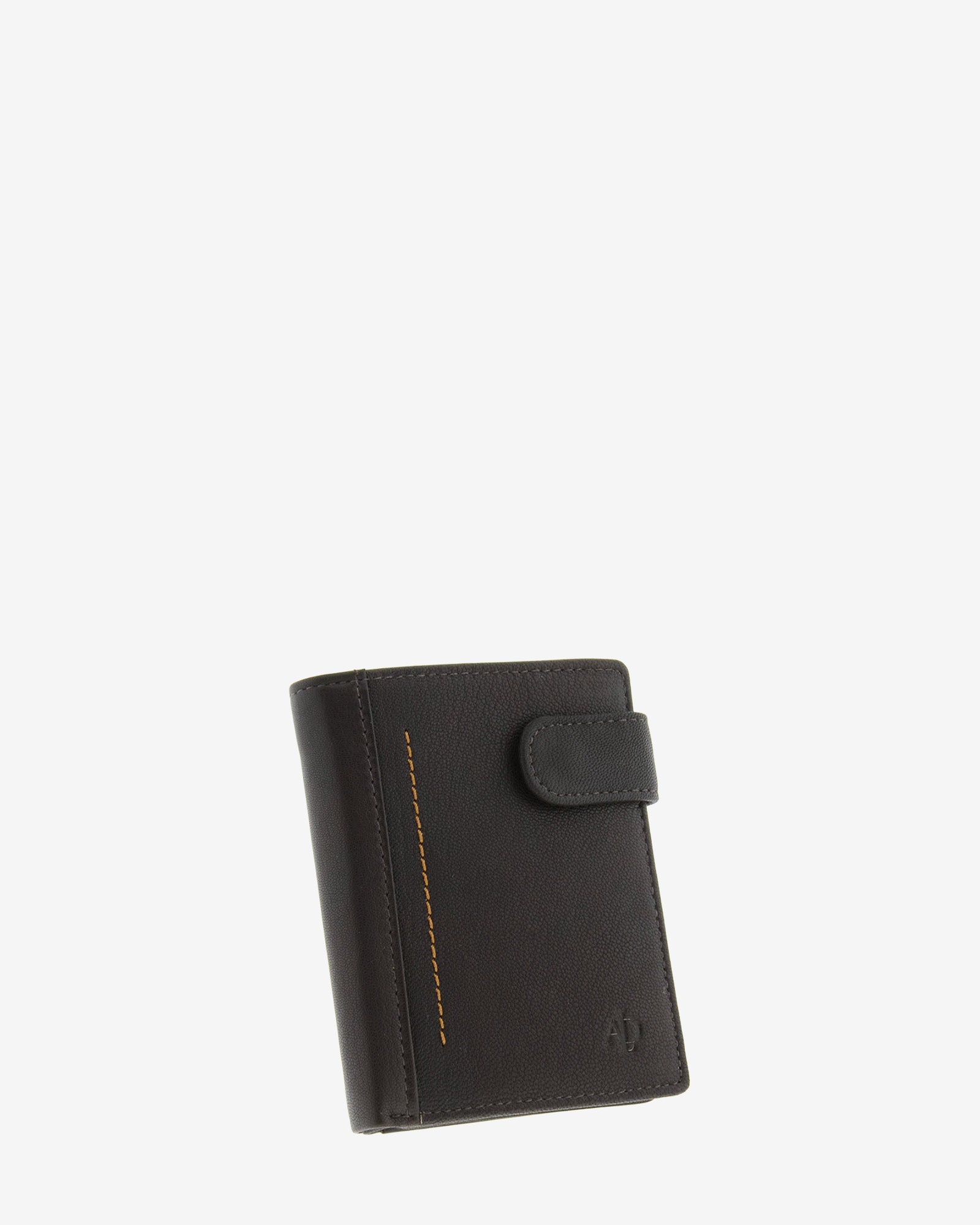 Cartera de hombre Maxwell Slim en piel marrón con cierre de solapa y costura decorativa vertical en contraste, vista frontal en ángulo.