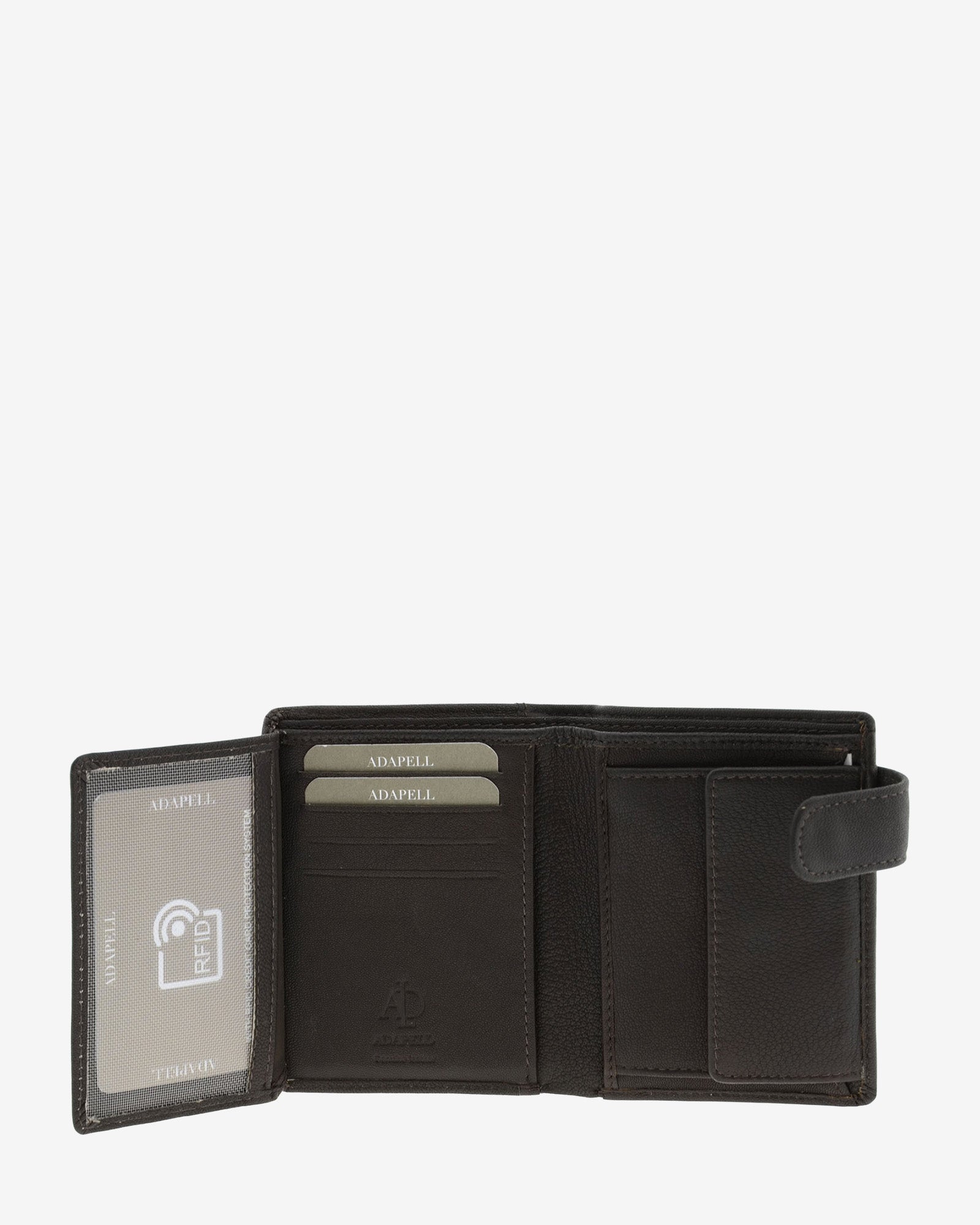 Interior de cartera de hombre Maxwell Slim en piel marrón con solapa para tarjetas, portamonedas con cierre de solapa y compartimento para billetes, protección RFID.