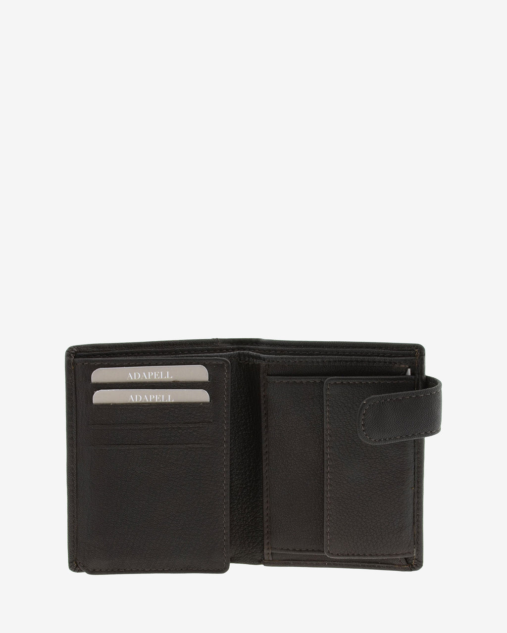 Interior de cartera de hombre Maxwell Slim en piel marrón con compartimentos para tarjetas, portamonedas con cierre de solapa y bolsillo para billetes.