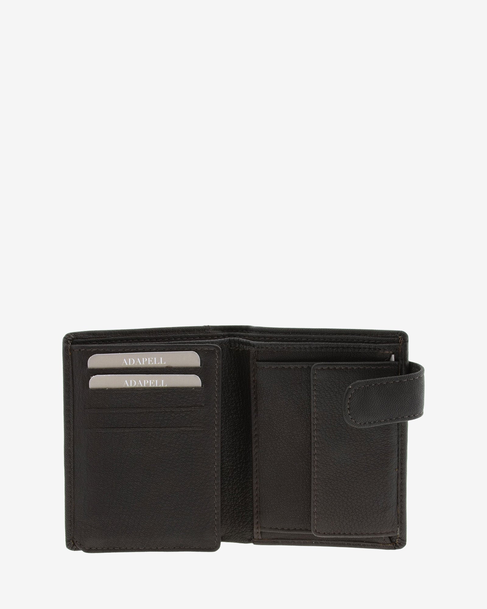 Interior de cartera de hombre Maxwell Slim en piel marrón con compartimentos para tarjetas, portamonedas con cierre de solapa y bolsillo para billetes.