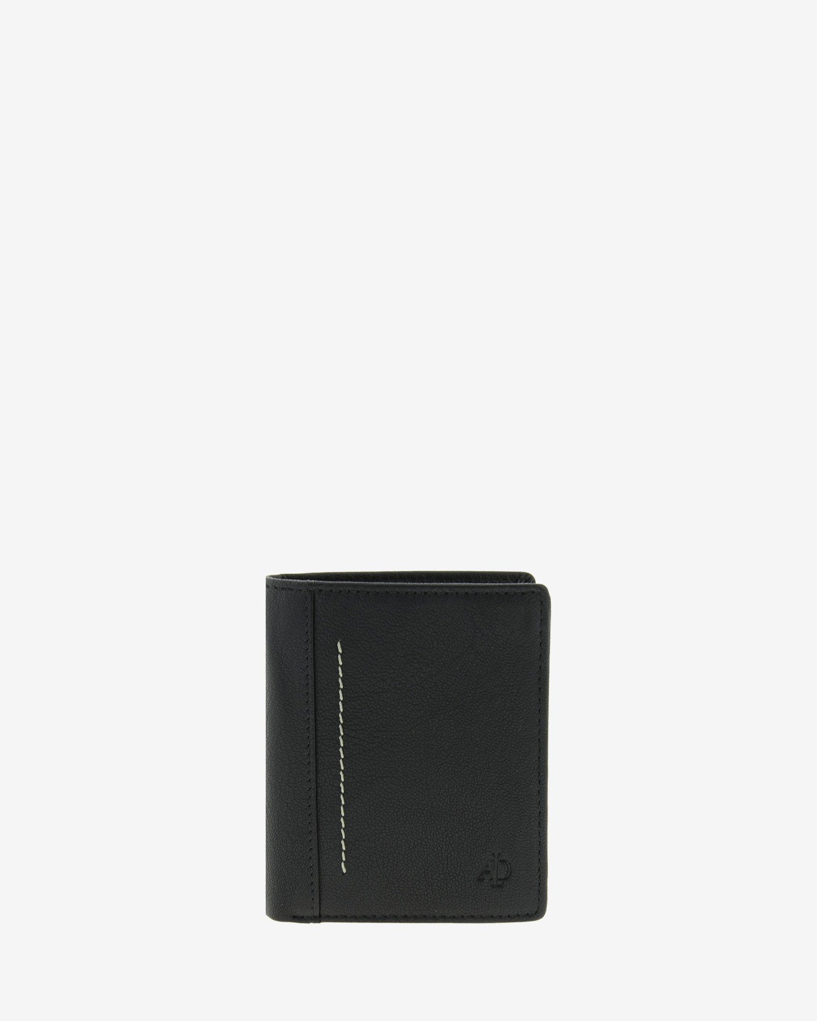 Cartera de hombre Maxwell Slim en piel negra con costura vertical en contraste, vista frontal.