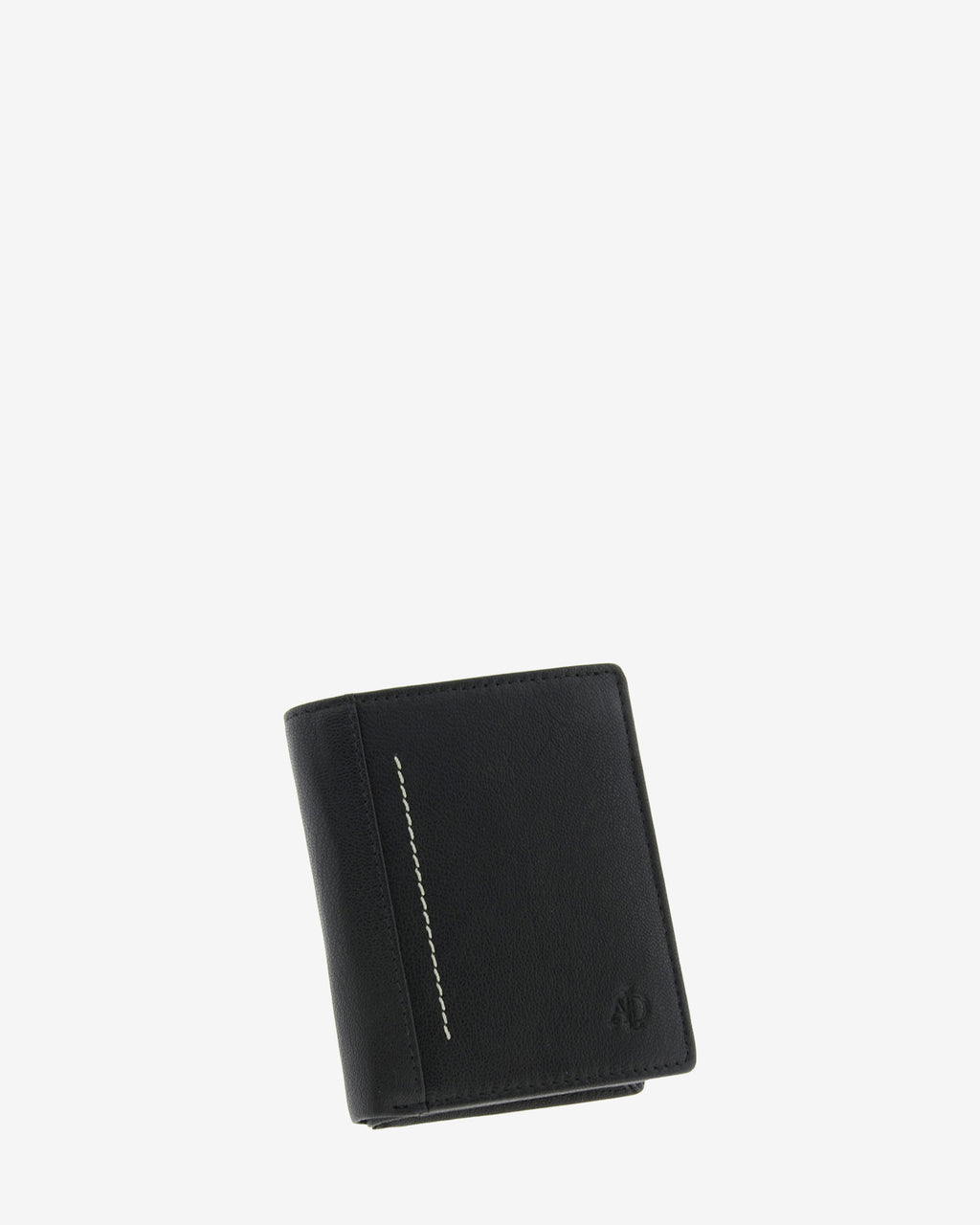 Cartera de hombre Maxwell Slim ultrafina en piel negra con costura vertical en contraste, vista frontal en ángulo.