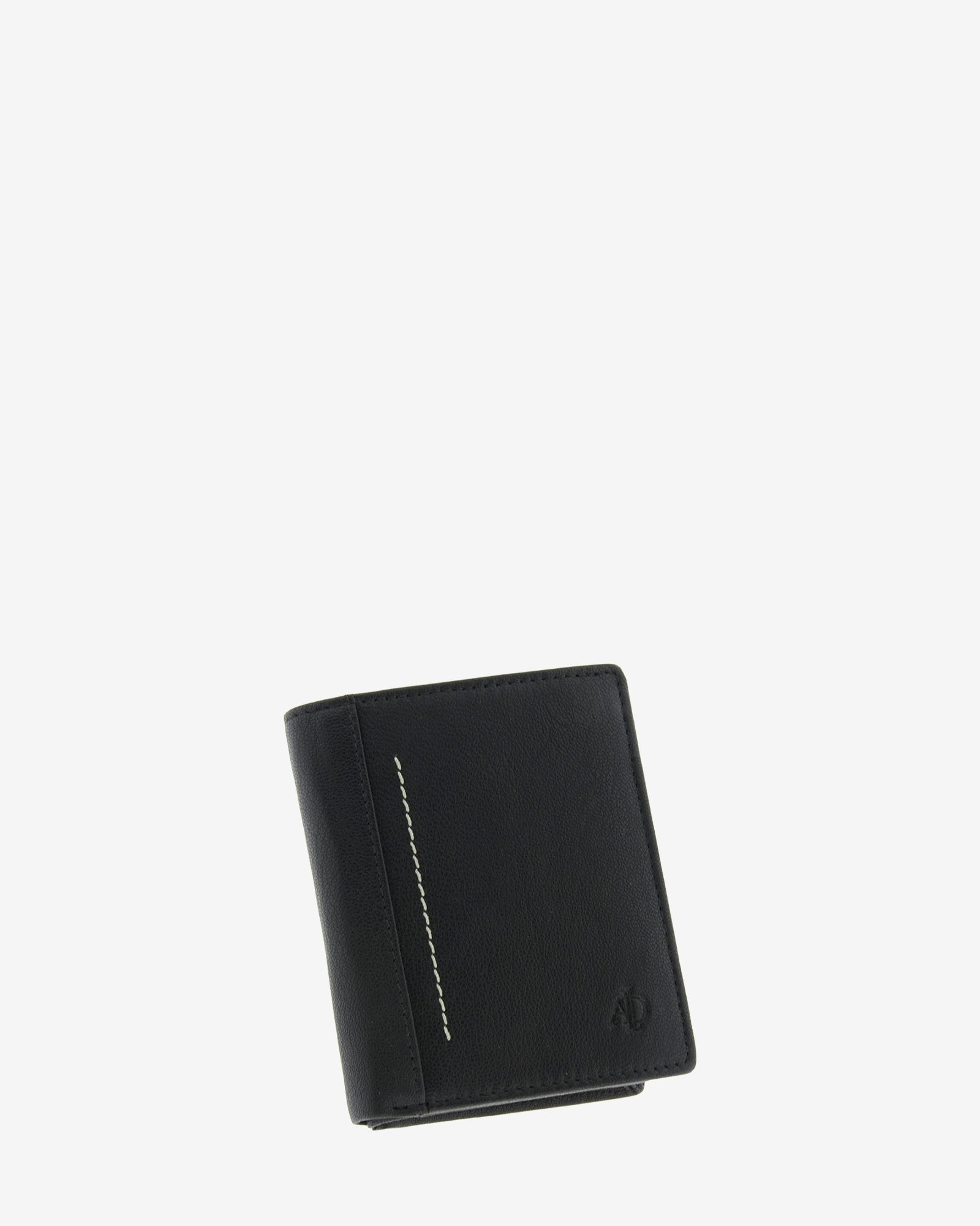 Cartera de hombre Maxwell Slim ultrafina en piel negra con costura vertical en contraste, vista frontal en ángulo.