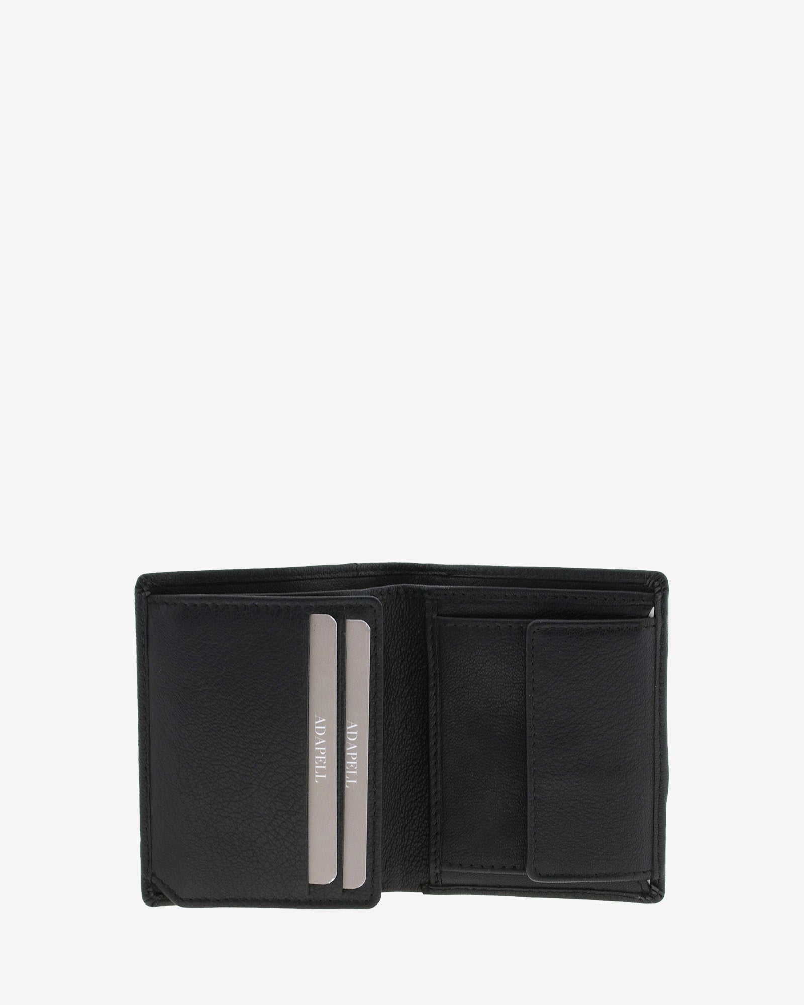 Interior de cartera de hombre Maxwell Slim en piel negra con compartimentos para tarjetas, portamonedas con solapa y bolsillo para billetes.