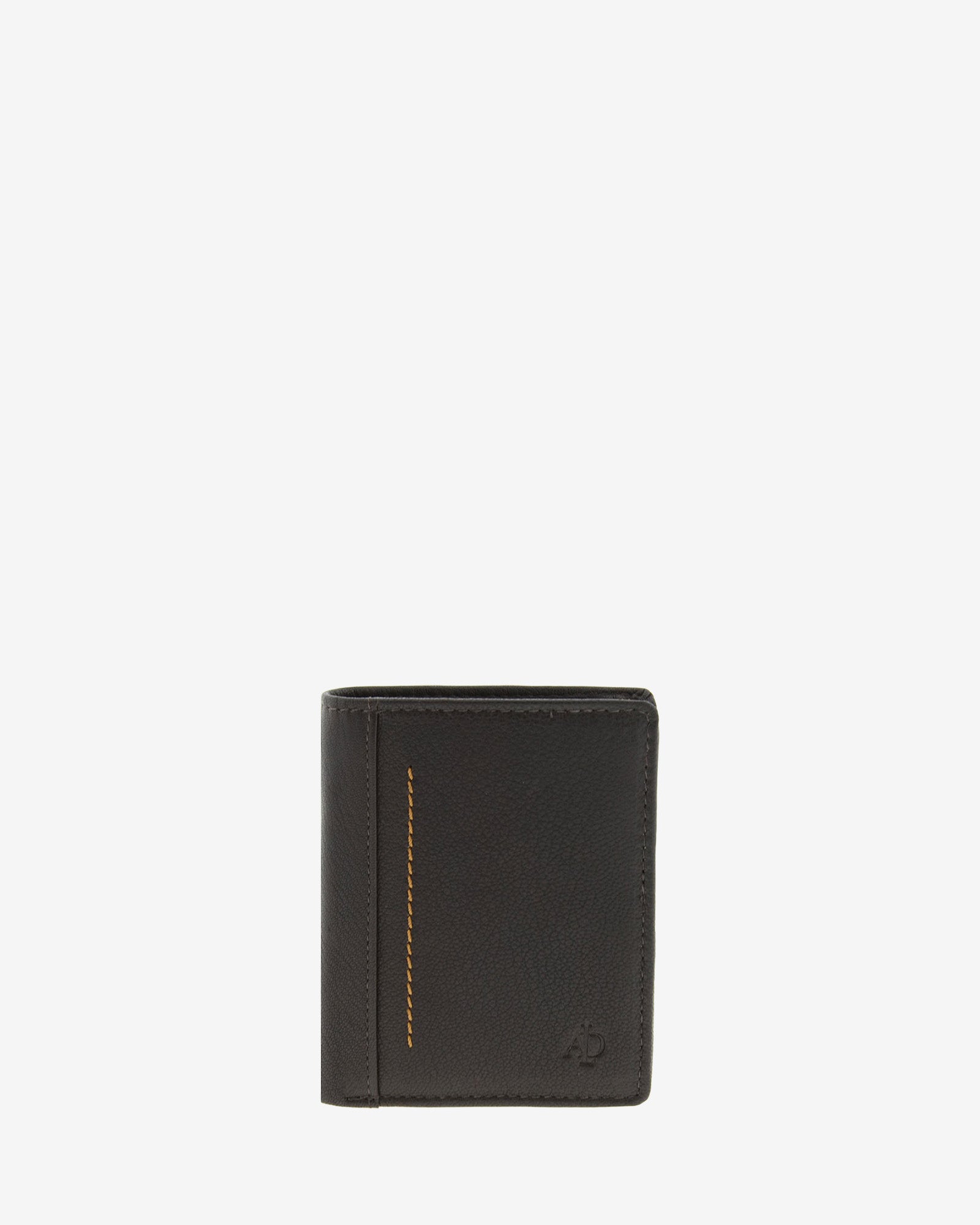 Cartera de hombre Maxwell Slim en piel marrón con costura vertical en contraste, vista frontal.