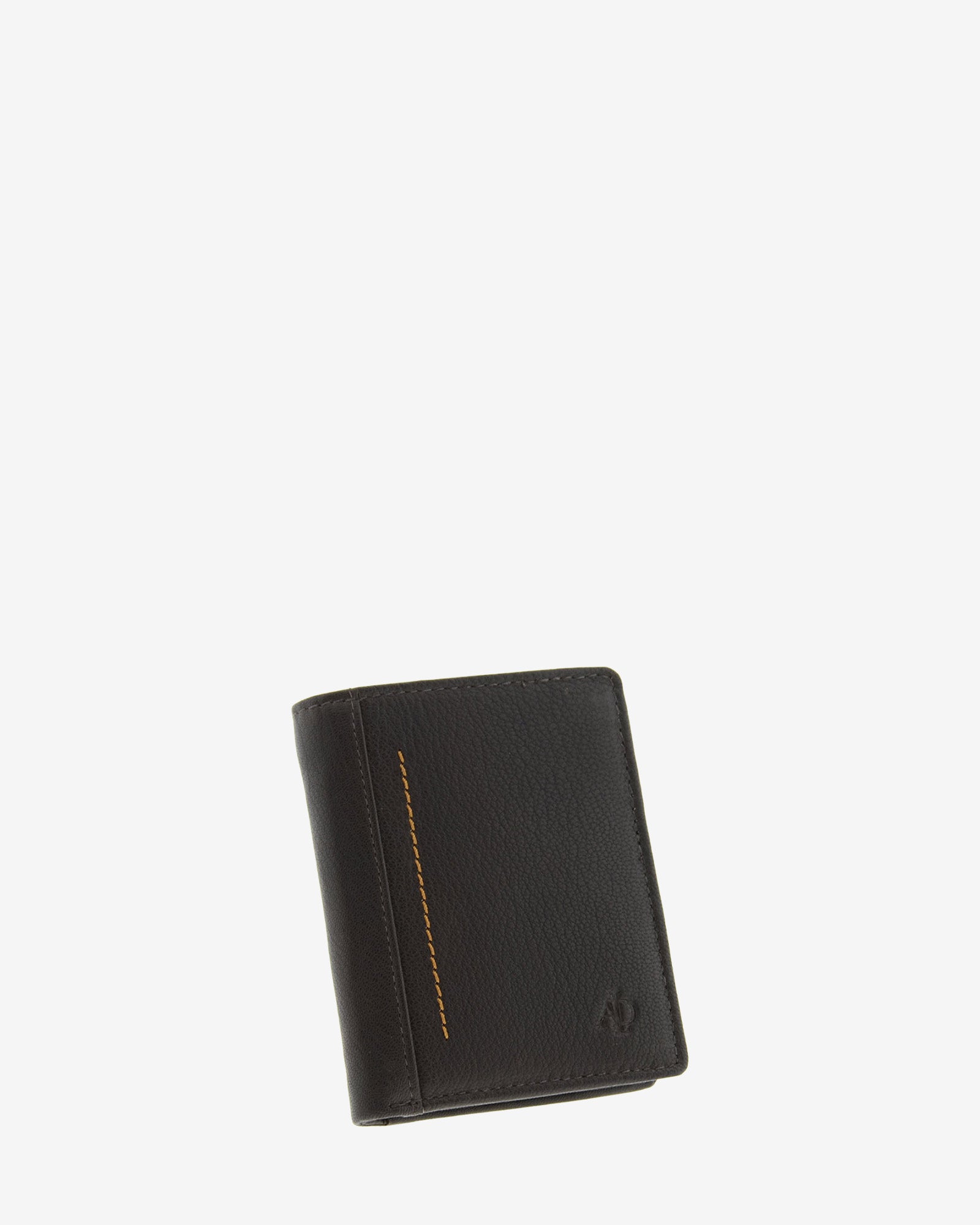 Cartera de hombre Maxwell Slim en piel marrón con costura vertical en contraste, vista frontal en ángulo. referencia 1656-2