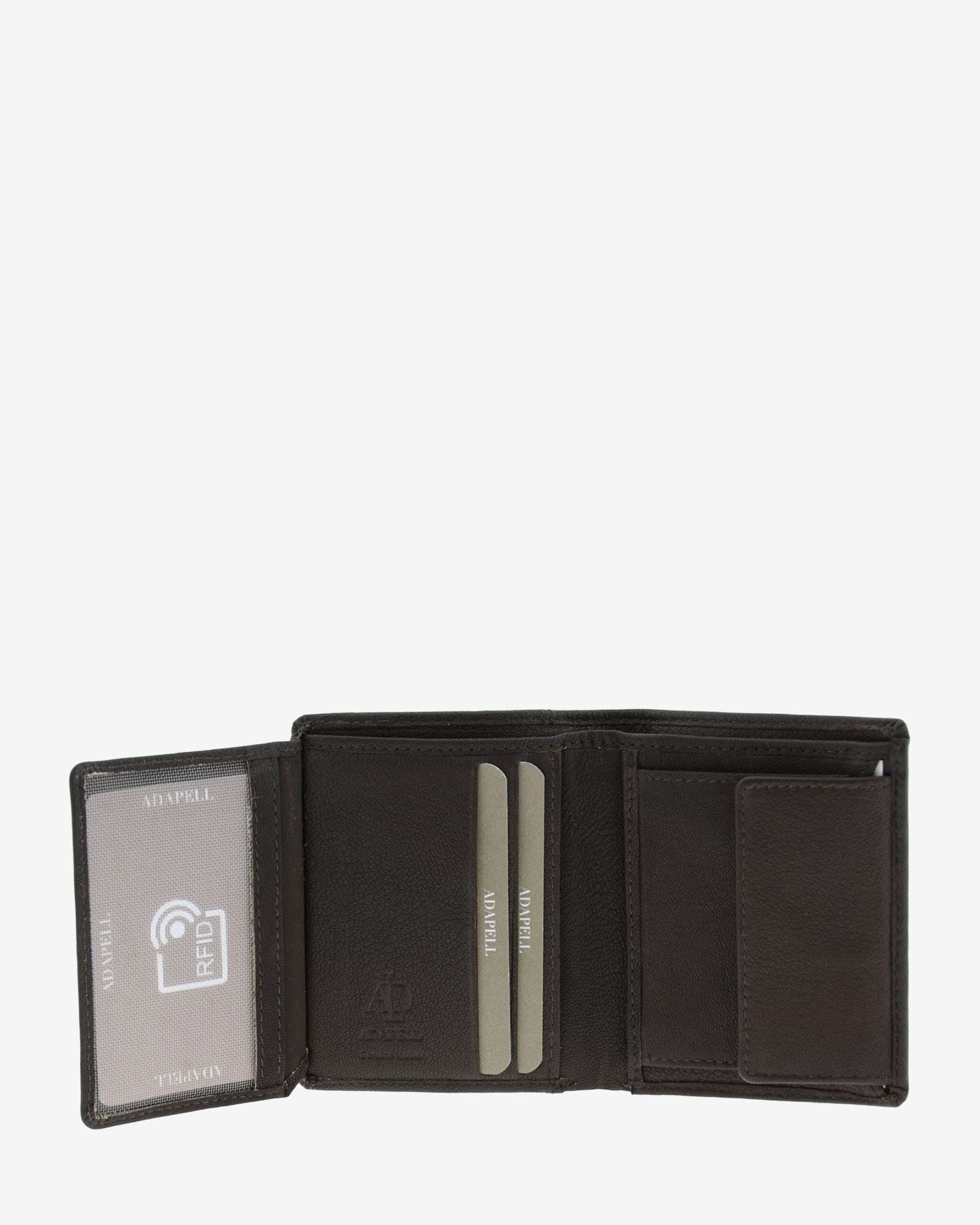 Interior de cartera de hombre Maxwell Slim en piel marrón, con compartimentos para tarjetas, portamonedas y compartimento para billetes, con protección RFID. referencia 1656-2
