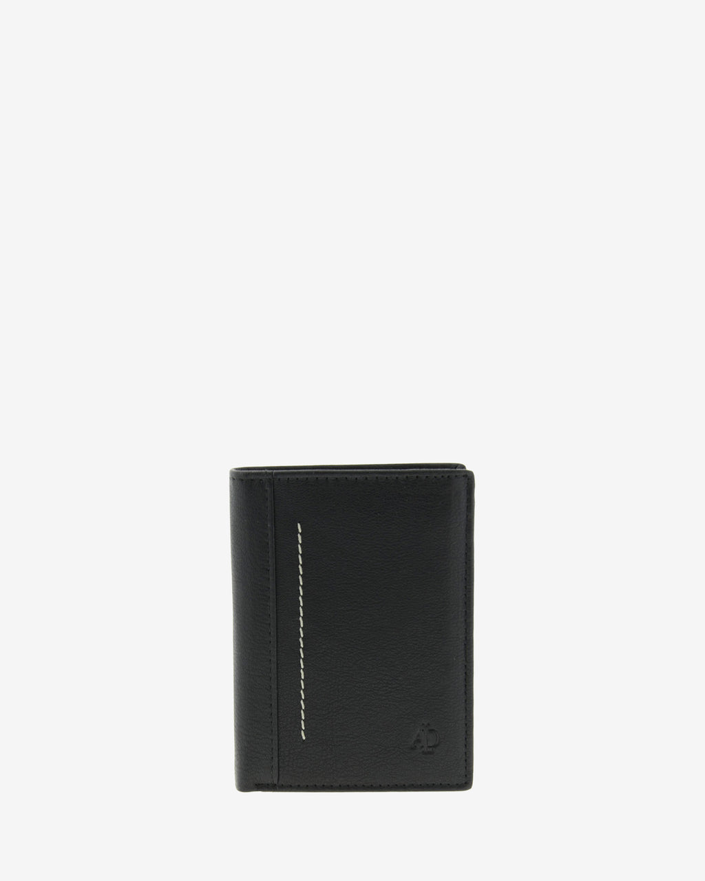 Cartera de hombre en piel genuina de color negro con costura decorativa a contraste, vista frontal centrada, referencia 1657-1