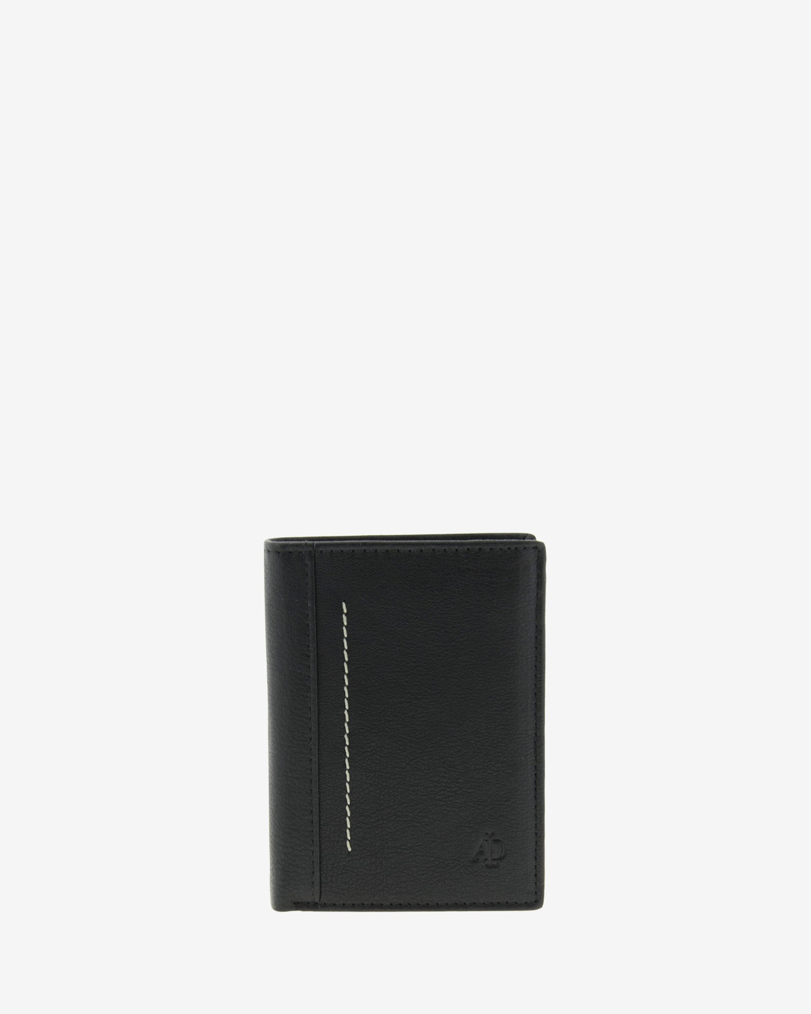 Cartera de hombre en piel genuina de color negro con costura decorativa a contraste, vista frontal centrada, referencia 1657-1