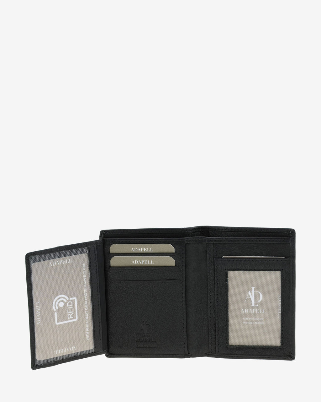 Cartera de hombre en piel genuina de color negro, vista interior abierta  con compartimentos para tarjetas y billetes, con RFID, referencia 1657-1