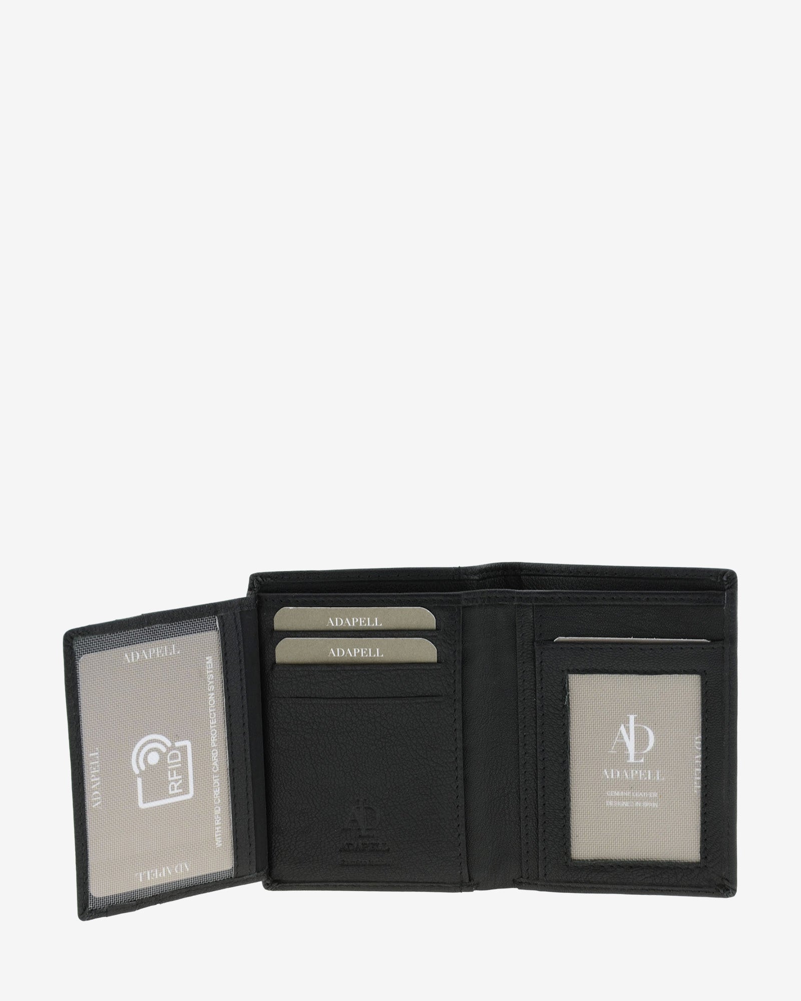 Cartera de hombre en piel genuina de color negro, vista interior abierta  con compartimentos para tarjetas y billetes, con RFID, referencia 1657-1