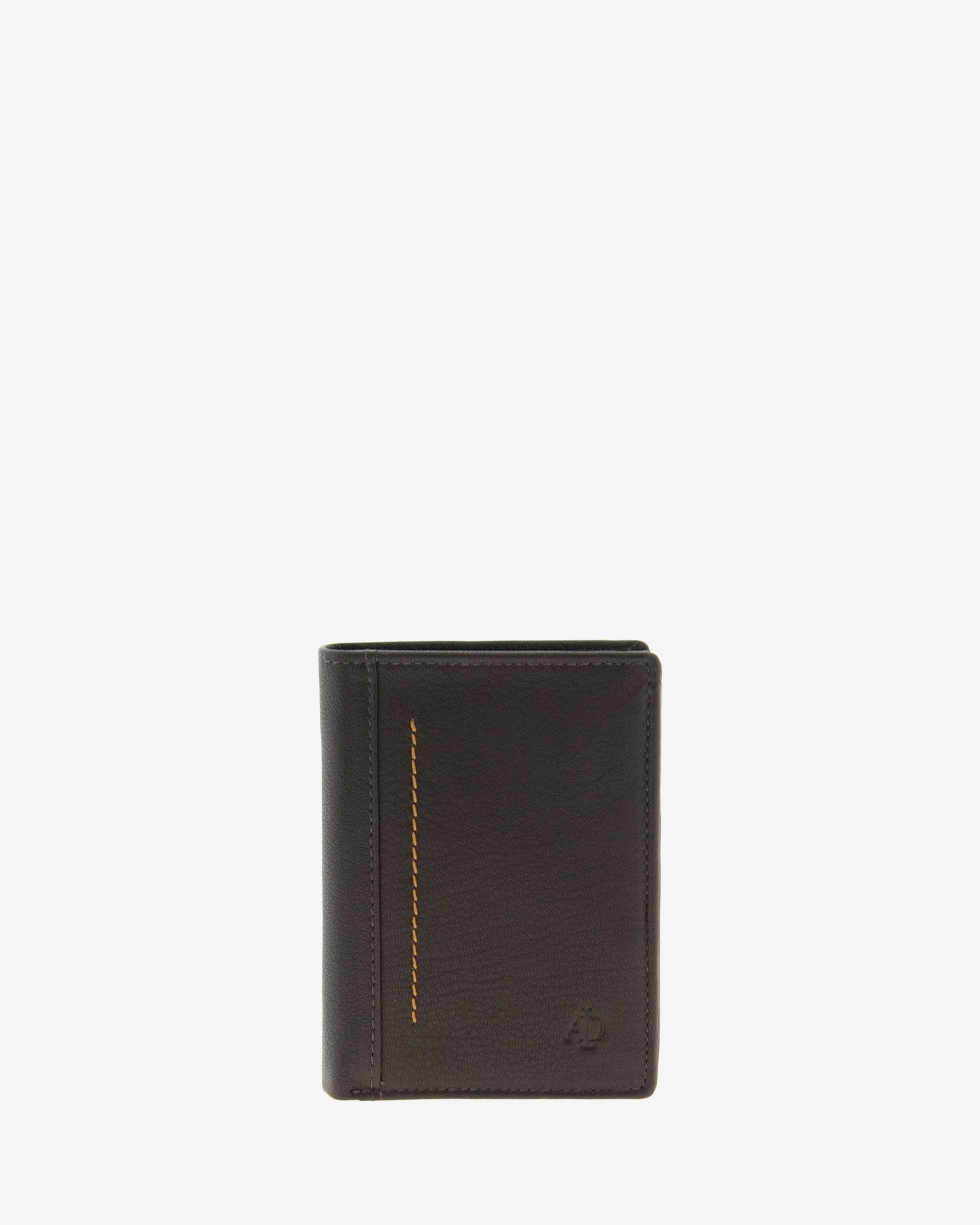 Cartera de hombre en piel genuina de color marrón con costura decorativa a contraste, vista frontal centrada, referencia 1657-2