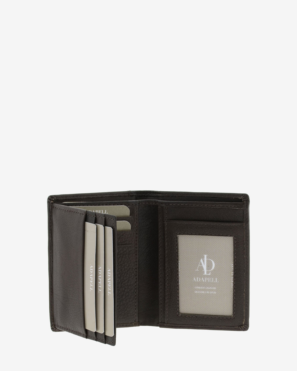 Cartera de hombre en piel genuina de color marrón, vista interior abierta con compartimentos para tarjetas y billetes, referencia 1657-2