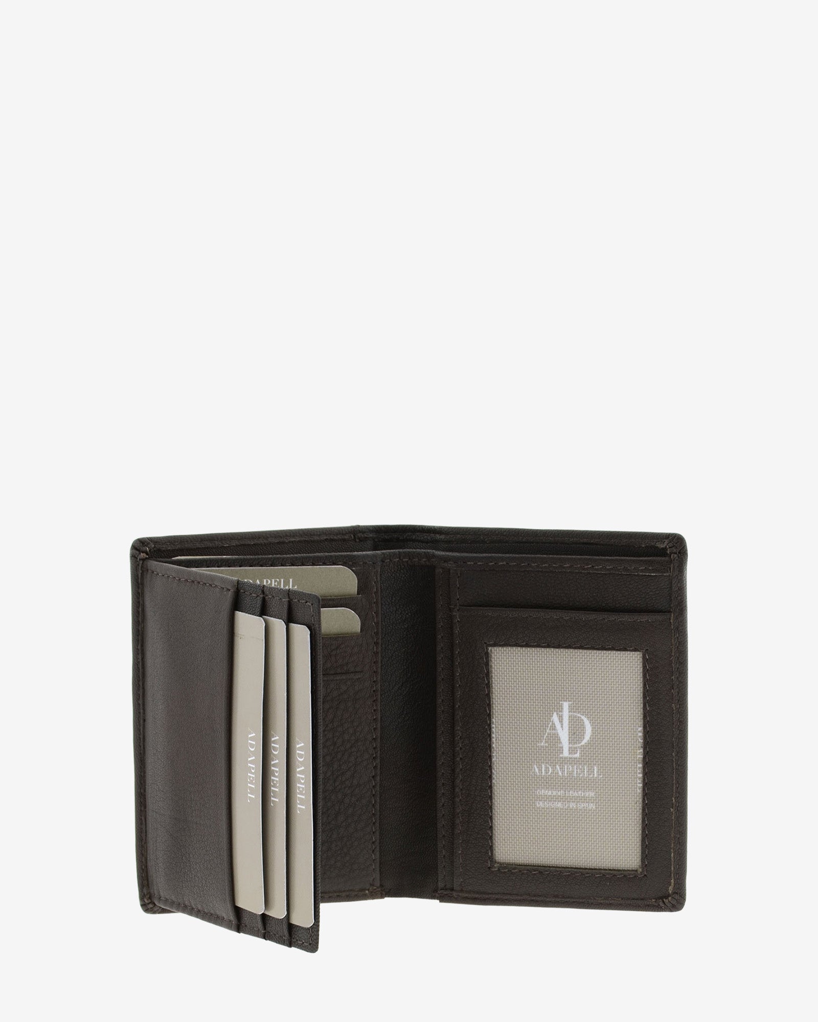 Cartera de hombre en piel genuina de color marrón, vista interior abierta con compartimentos para tarjetas y billetes, referencia 1657-2