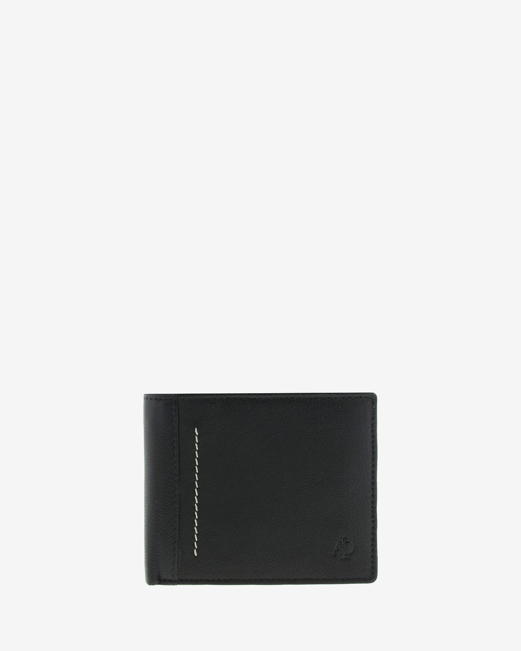 Cartera de hombre en piel genuina de color negro con costura decorativa a contraste, formato horizontal, vista frontal centrada, referencia 1658-1
