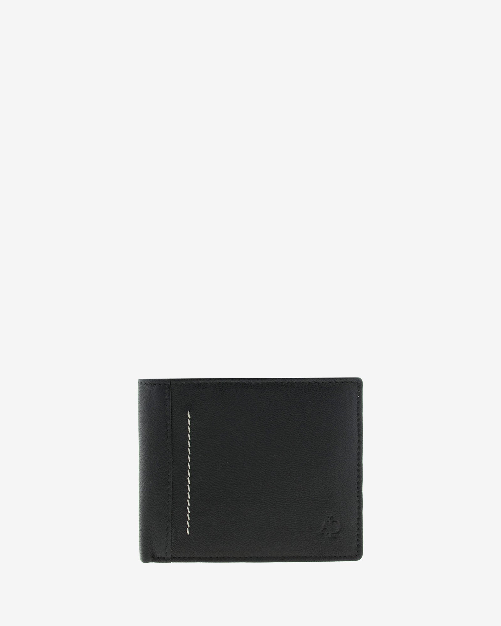 Cartera de hombre en piel genuina de color negro con costura decorativa a contraste, formato horizontal, vista frontal centrada, referencia 1658-1