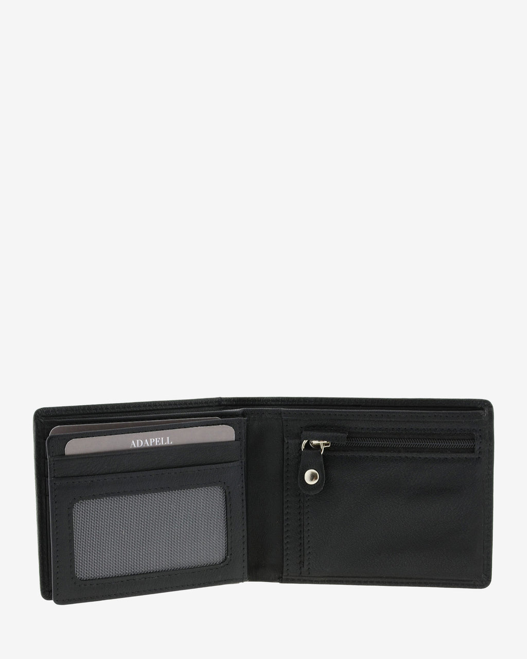 Cartera de hombre en piel genuina de color negro, formato horizontal, vista interior con monedero interior con cremallera, compartimentos para tarjetas y billetes, referencia 1658-1