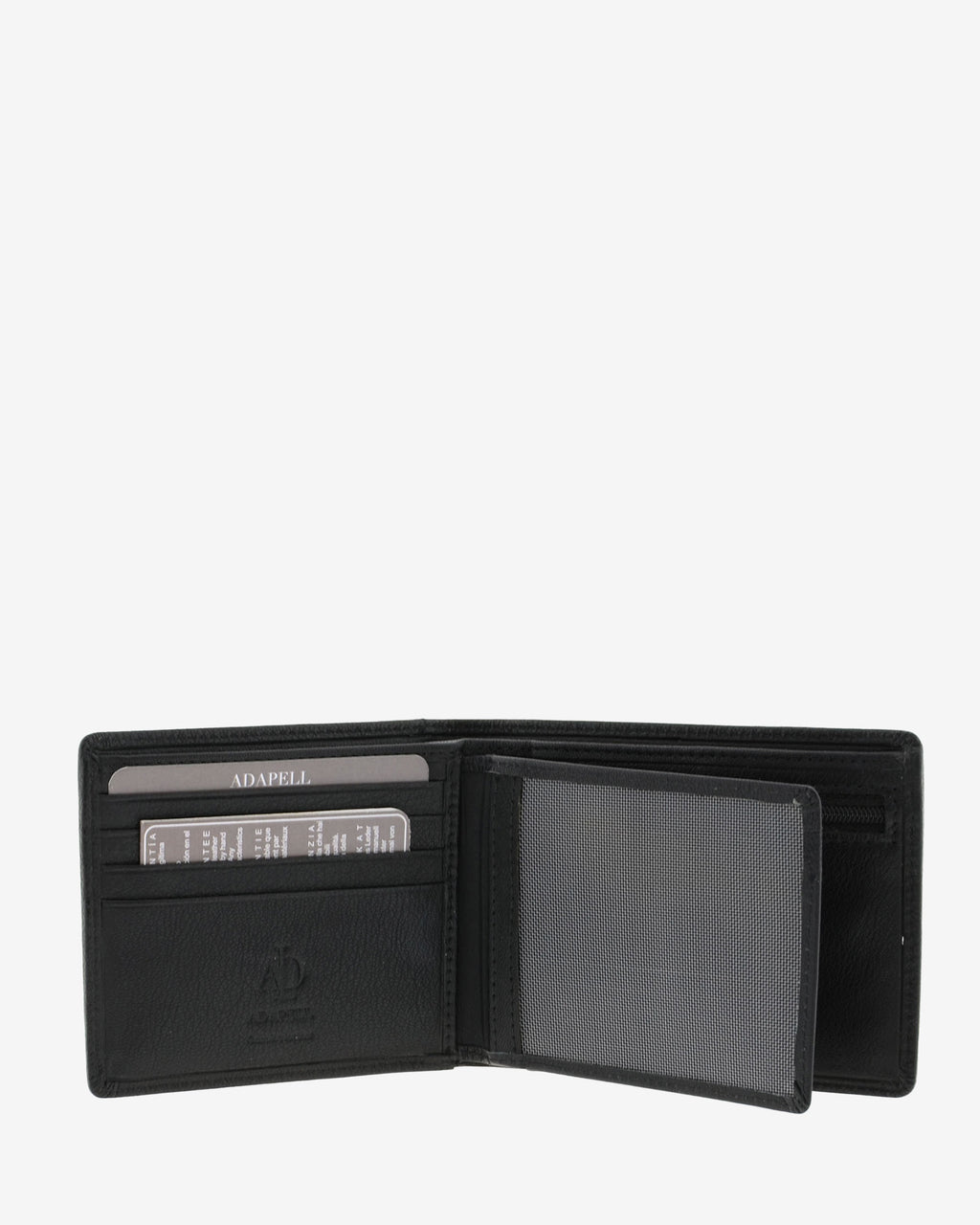 Cartera de hombre en piel genuina de color negro, formato horizontal, vista interior con  compartimentos para tarjetas y billetes, referencia 1658-1