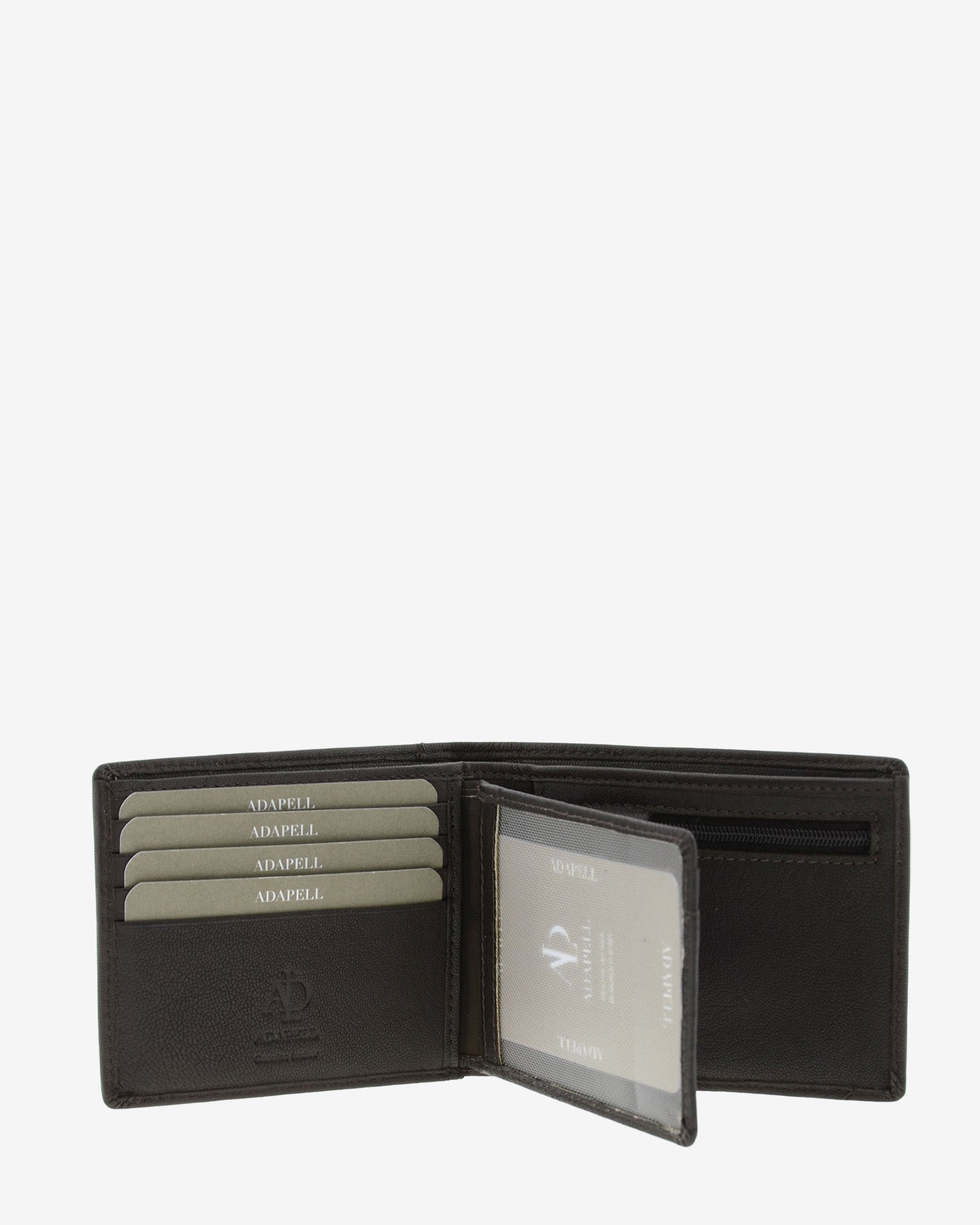 Cartera de hombre en piel genuina de color marrón, vista interior con compartimentos para tarjetas, billetes y portamonedas con cremallera, referencia 1658-2