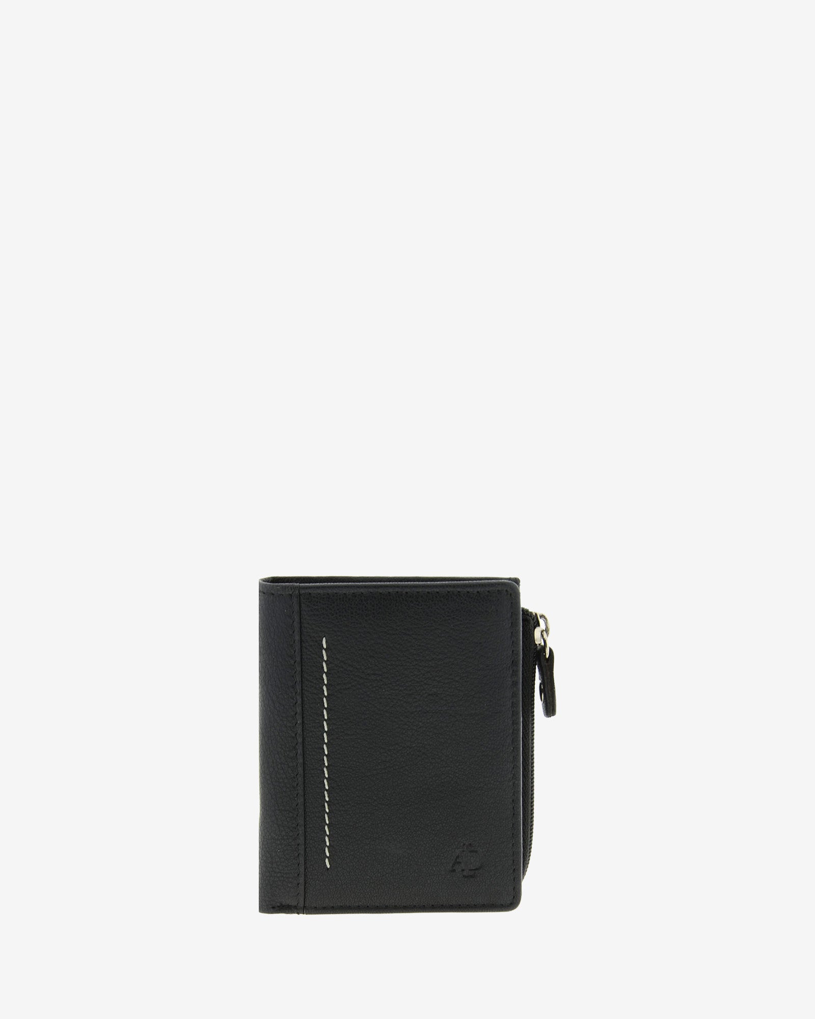 Cartera de hombre en piel genuina de color negro con costura decorativa a contraste, vista frontal centrada, referencia 1659-1