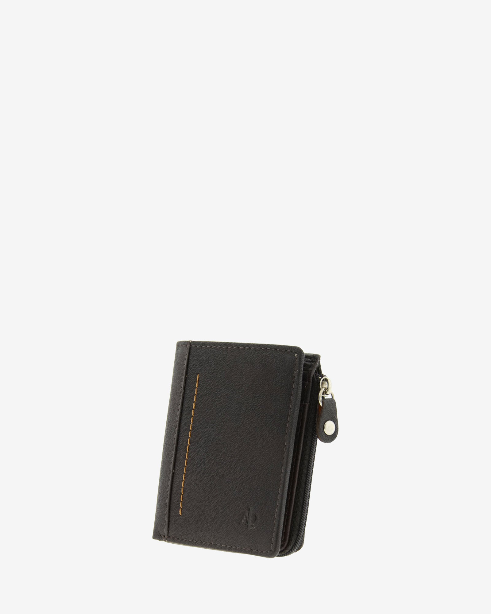 Cartera de hombre en piel genuina de color marrón con costura a contraste decorativa, diseño ultrafino, portamonedas con cremallera lateral, vista frontal, referencia 1659-2