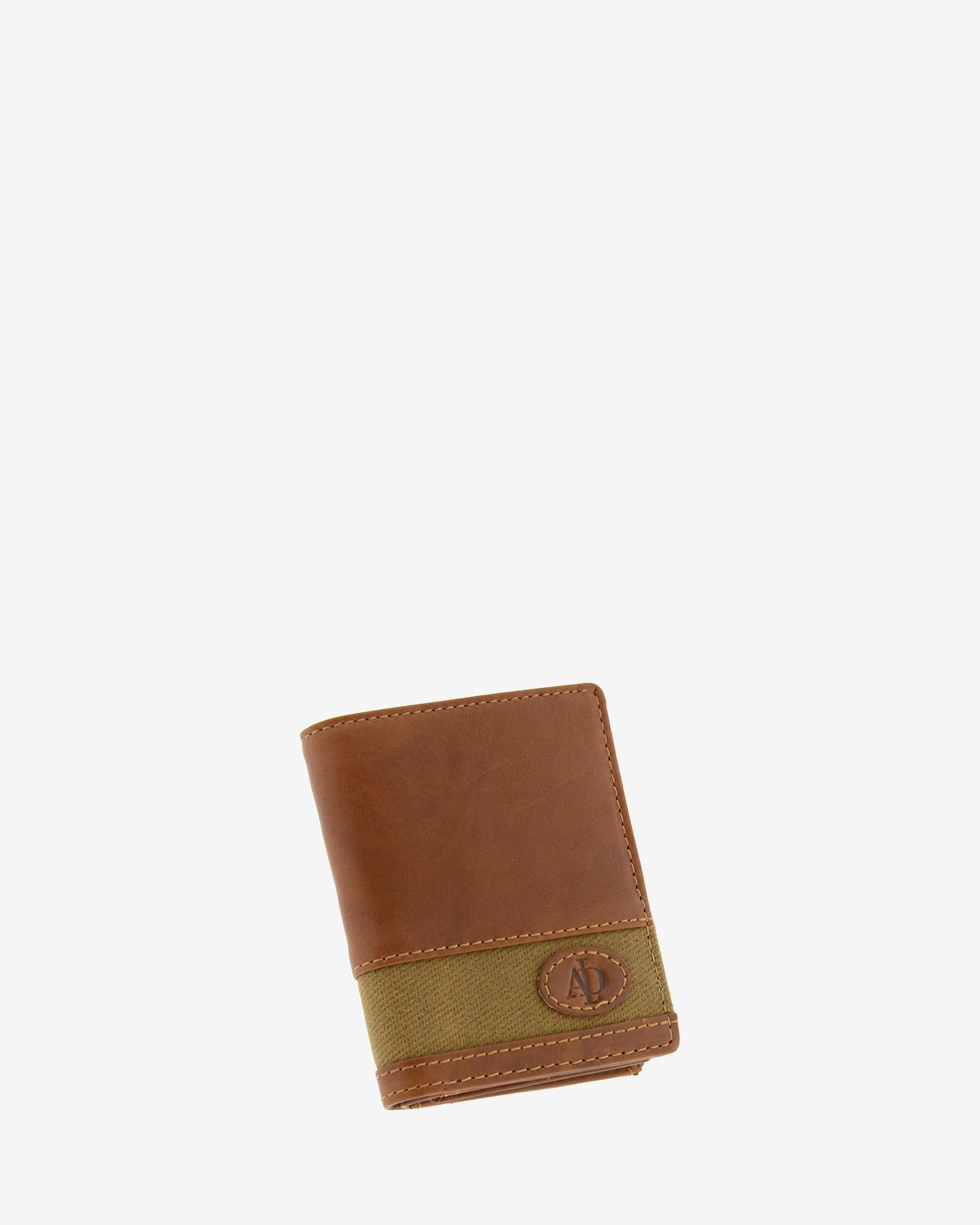 Cartera de piel cuero con franja de canvas, cerrada en ángulo, vista frontal, referencia 1618-6