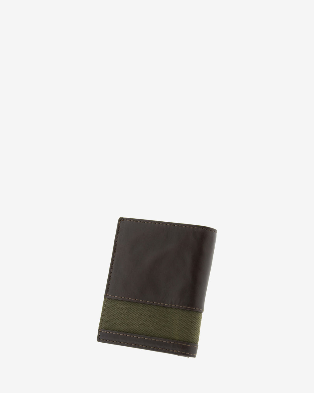 Cartera de piel marron con franja de canvas, cerrada en ángulo, vista trasera, referencia 1618-2