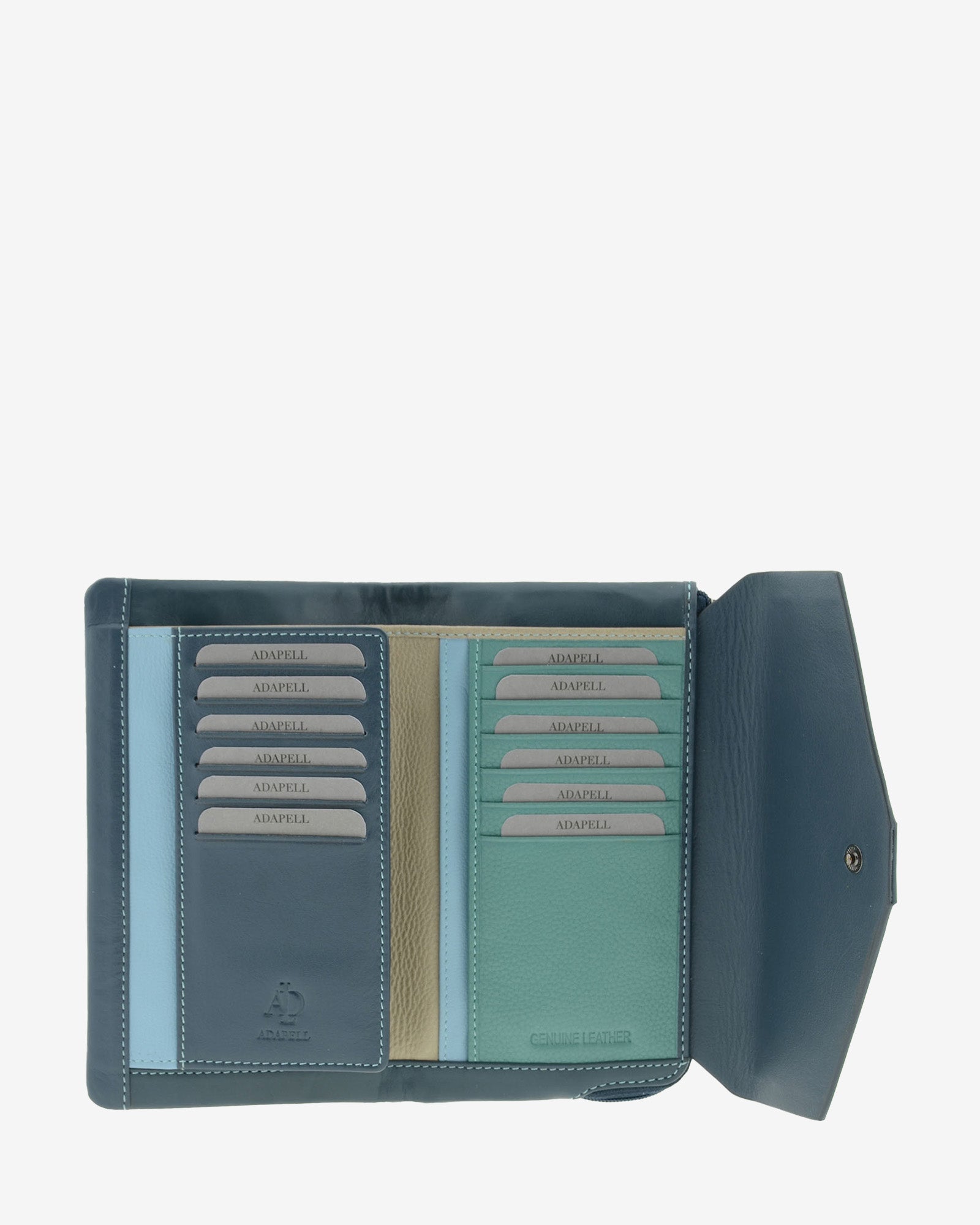Cartera de mujer grande de piel de napa extra suave en color bosque, vista interior mostrando compartimentos para tarjetas, billetes y compartimentos verticales, referencia 4157-5