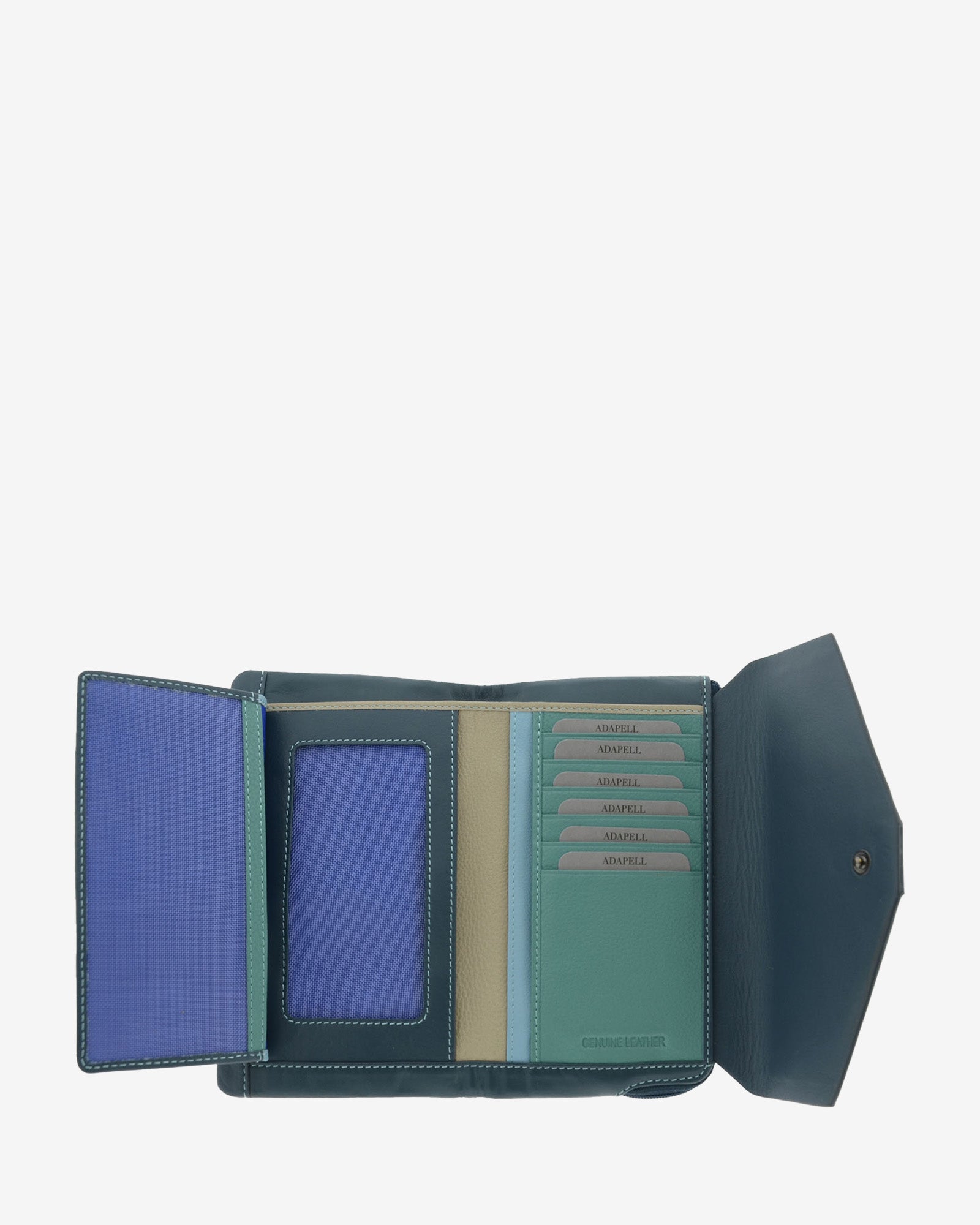 Cartera de mujer grande de piel de napa extra suave en color bosque, vista interior abierta mostrando compartimentos para tarjetas, billetes, ID y compartimentos verticales, referencia 4157-5