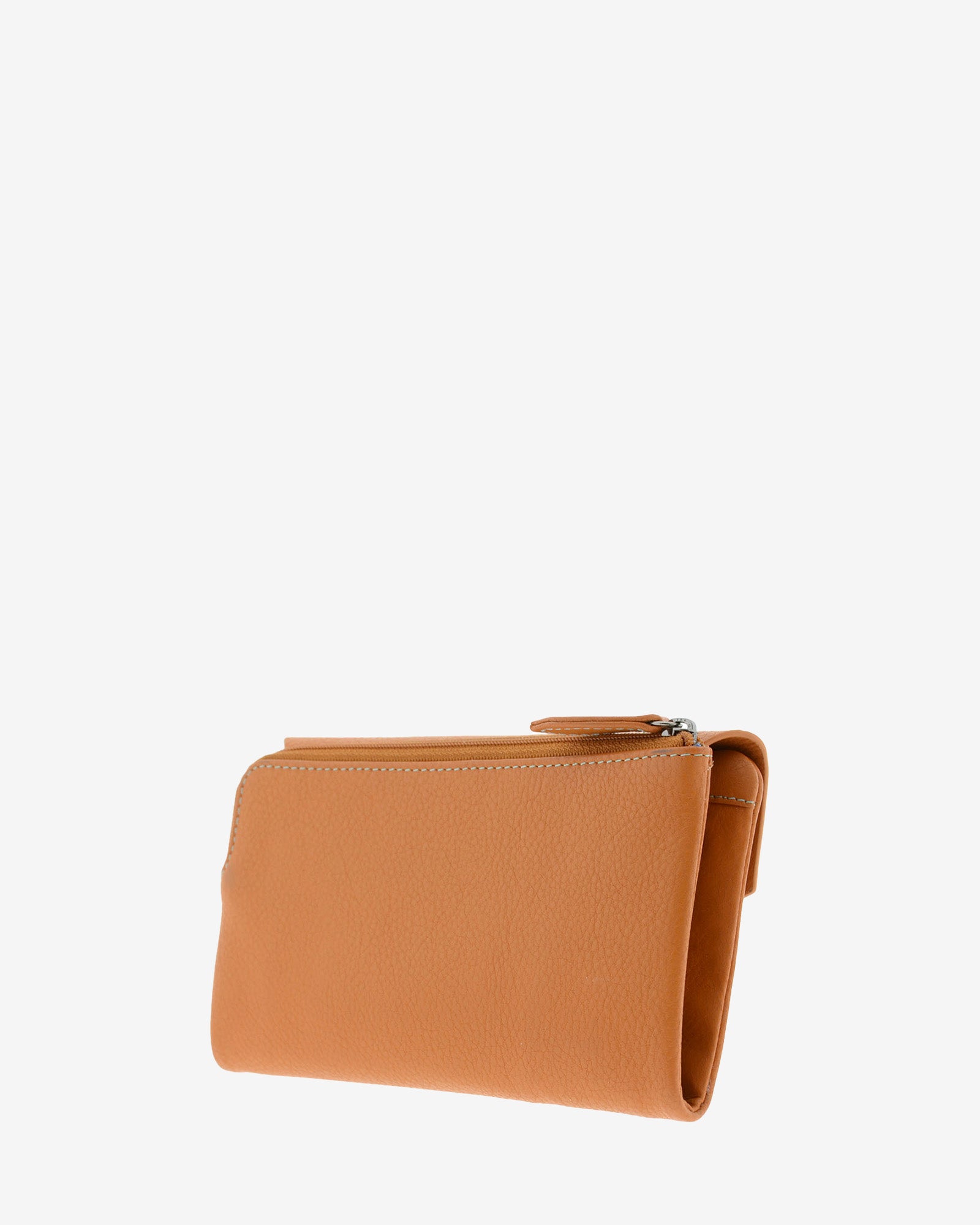 Cartera de mujer grande de piel de napa extra suave en color cuero, vista trasera de monedero exterior con cremallera, referencia 4157-6