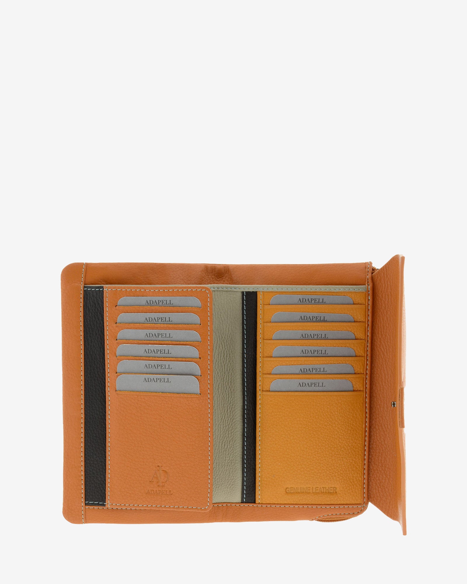 Cartera de mujer grande de piel de napa extra suave en color cuero, vista interior mostrando compartimentos para tarjetas, billetes y compartimentos verticales, referencia 4157-6