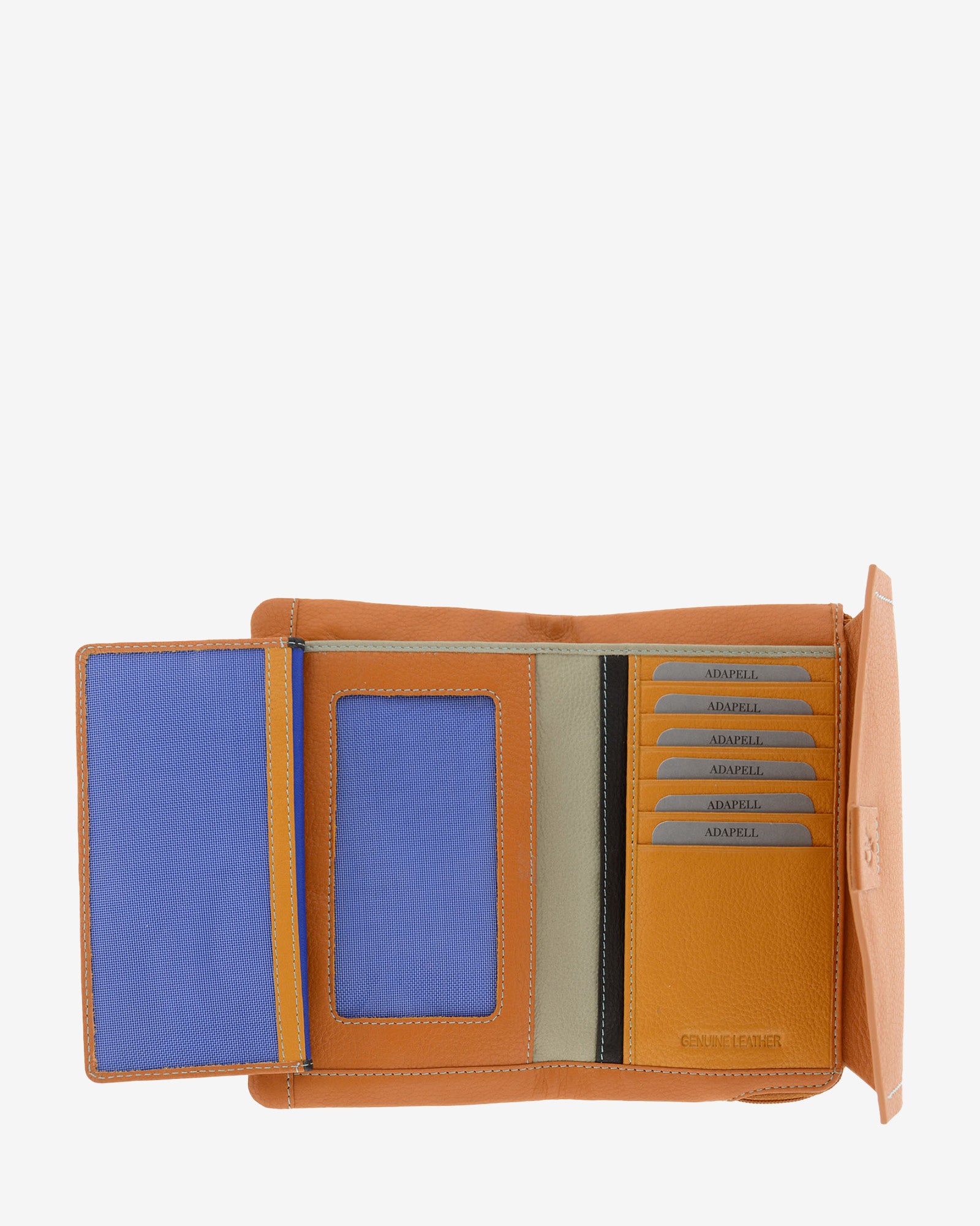 Cartera de mujer grande de piel de napa extra suave en color cuero, vista interior abierta mostrando compartimentos para tarjetas, billetes y compartimentos verticales, referencia 4157-6