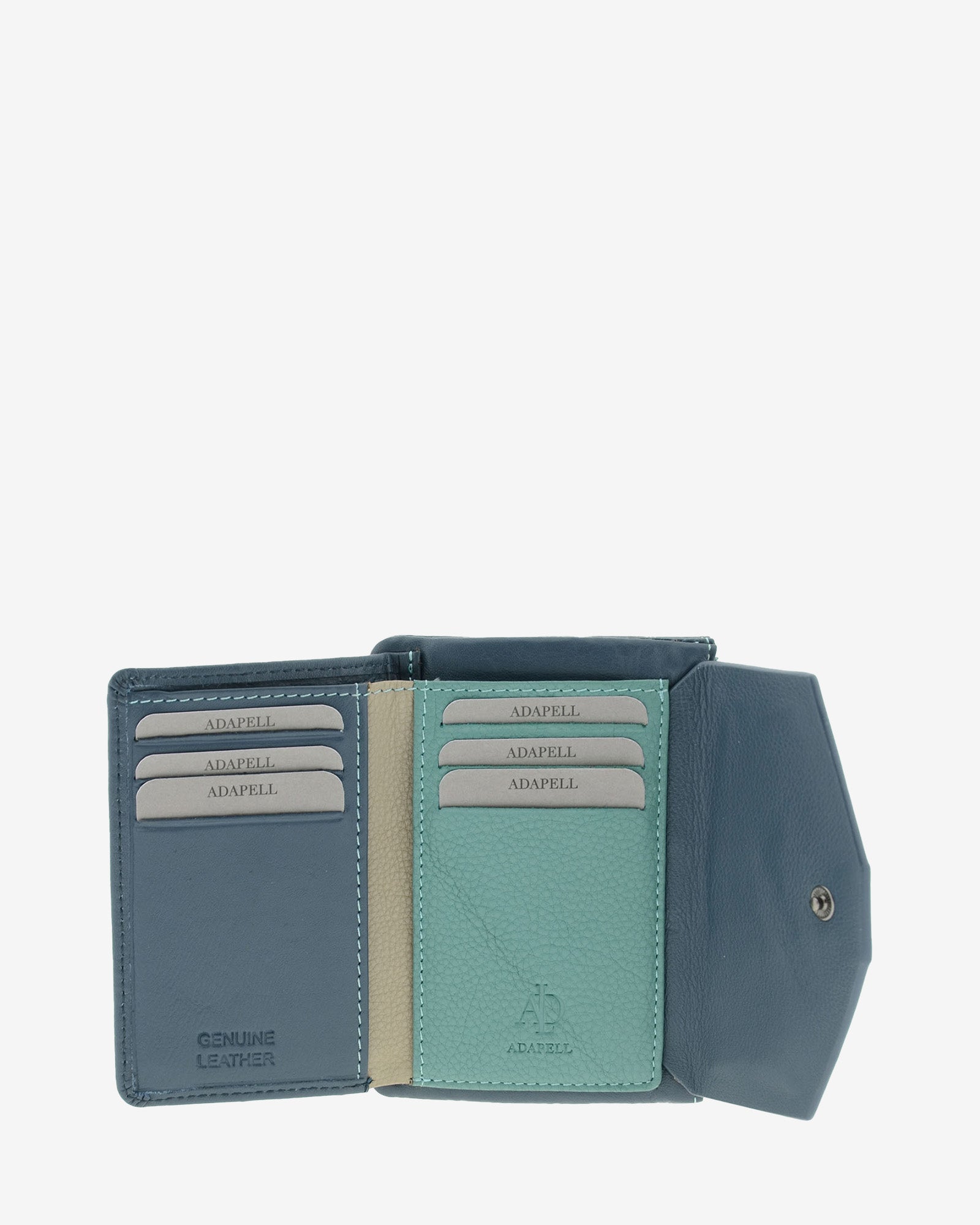 Cartera de mujer pequeña de piel de napa extra suave en color bosque, vista interior mostrando compartimentos para tarjetas, billetes y compartimentos verticales, referencia 4160-5