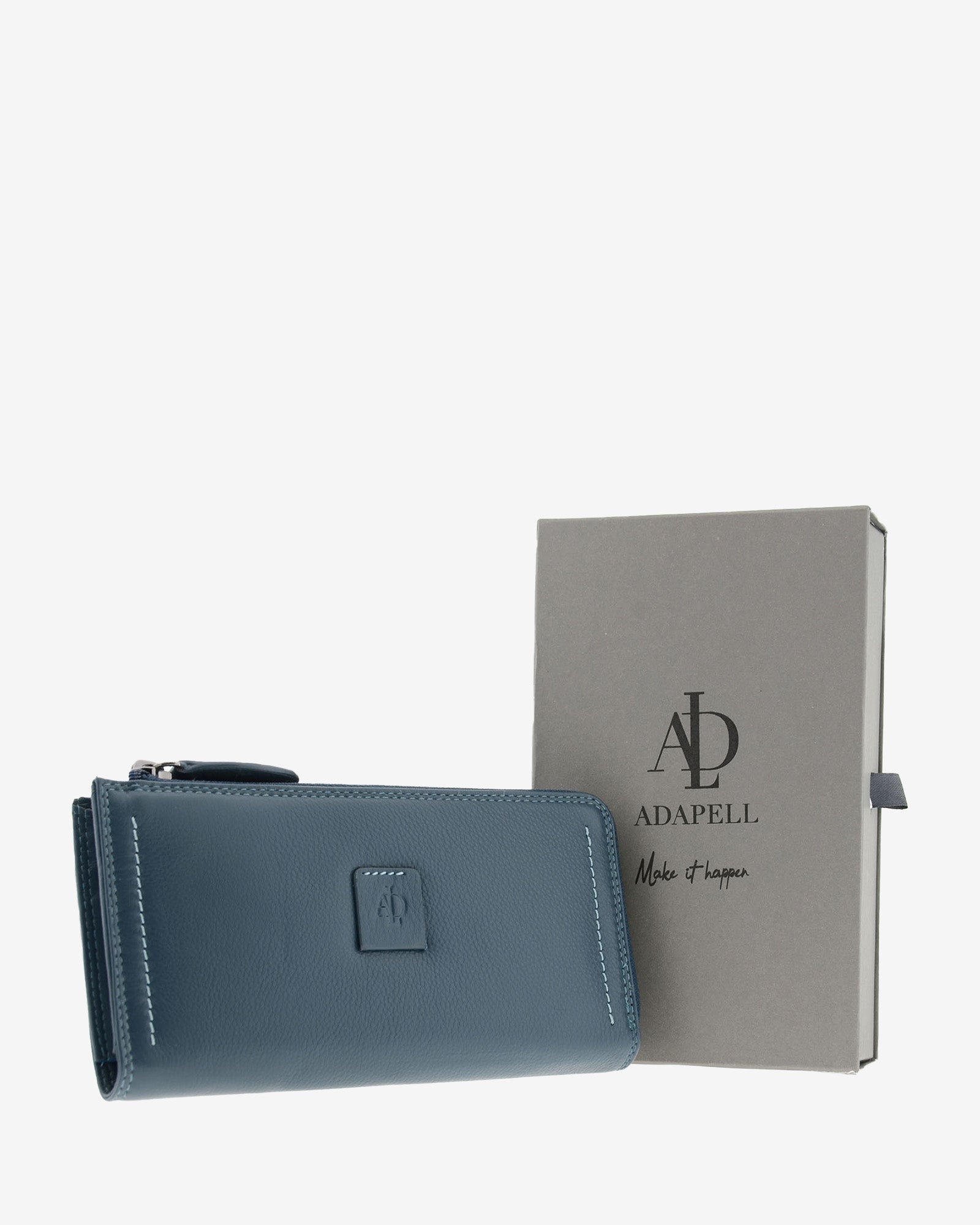 Cartera de mujer grande de piel de napa extra suave en color bosque, con cierre de cremallera, vista frontal con caja de regalo, referencia 4161-5