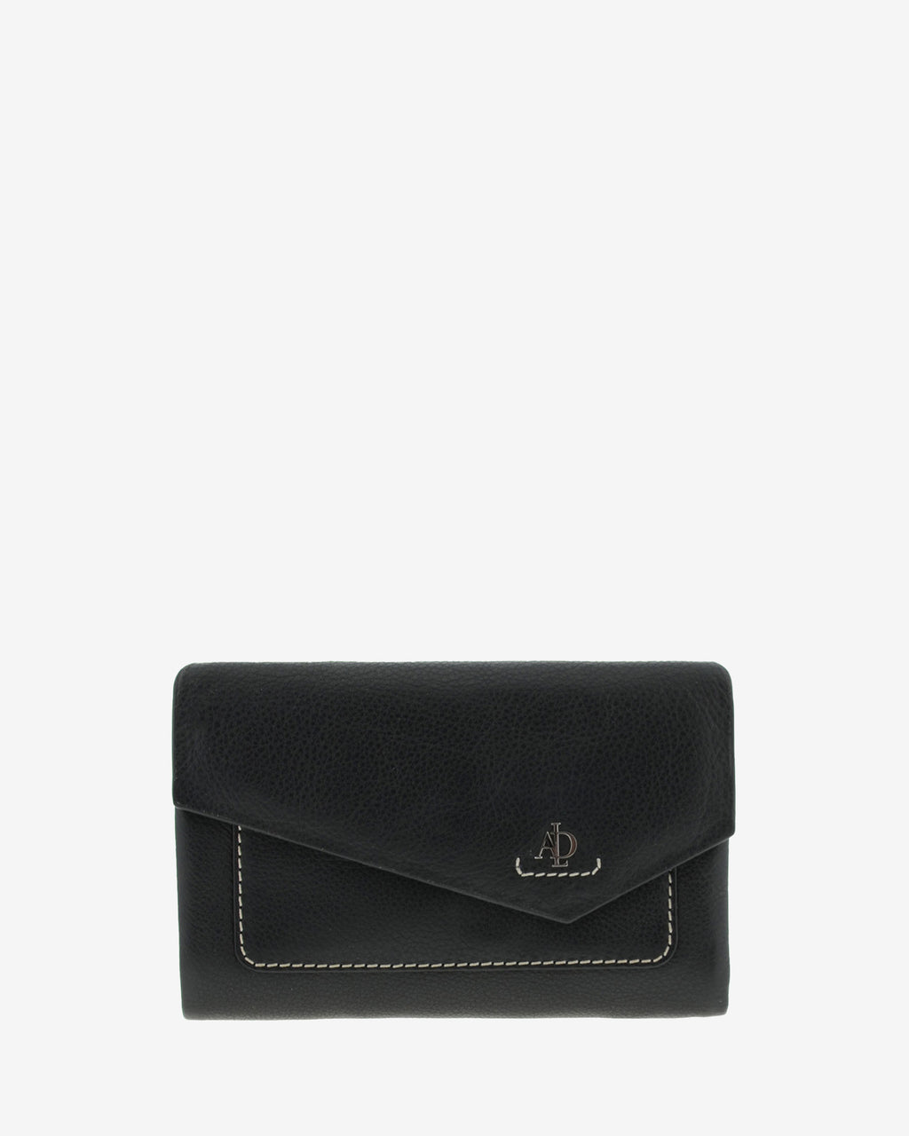 Cartera de mujer mediana de piel de napa extra suave en color negro, con bolsillo y solapa frontal, vista frontal centrada, referencia 4205-1