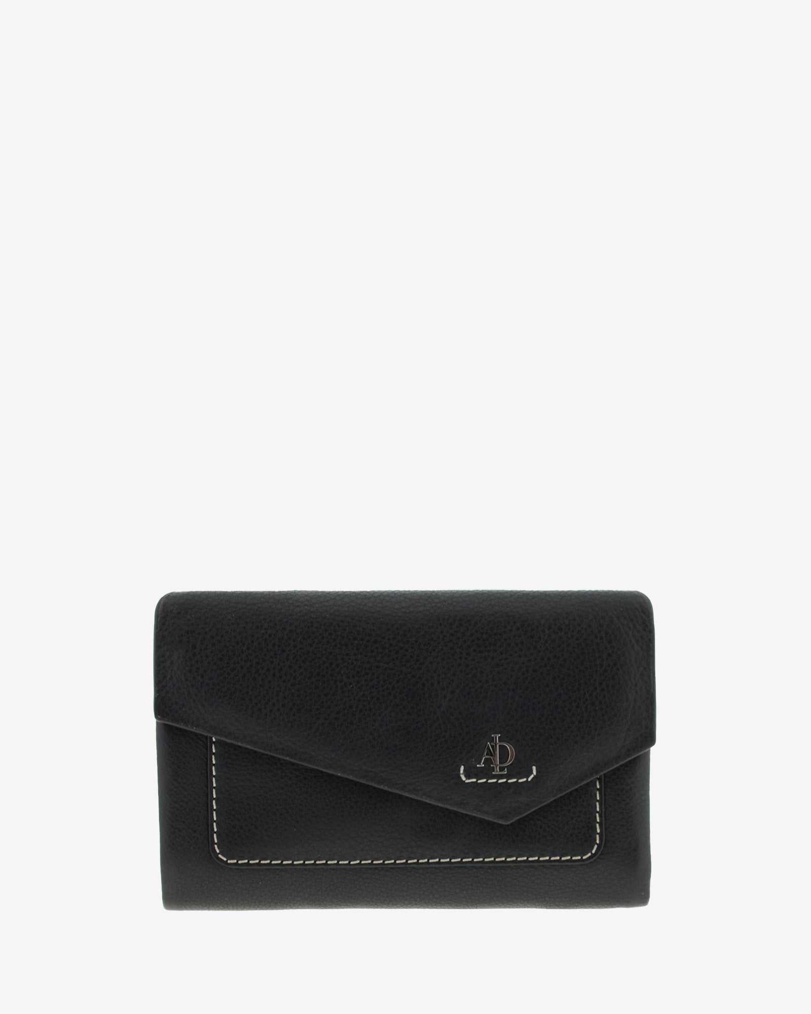 Cartera de mujer mediana de piel de napa extra suave en color negro, con bolsillo y solapa frontal, vista frontal centrada, referencia 4205-1