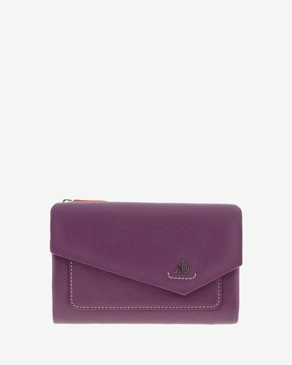 Cartera de mujer mediana de piel de napa extra suave en color morado, con bolsillo y solapa frontal, vista frontal centrada, referencia 4205-18