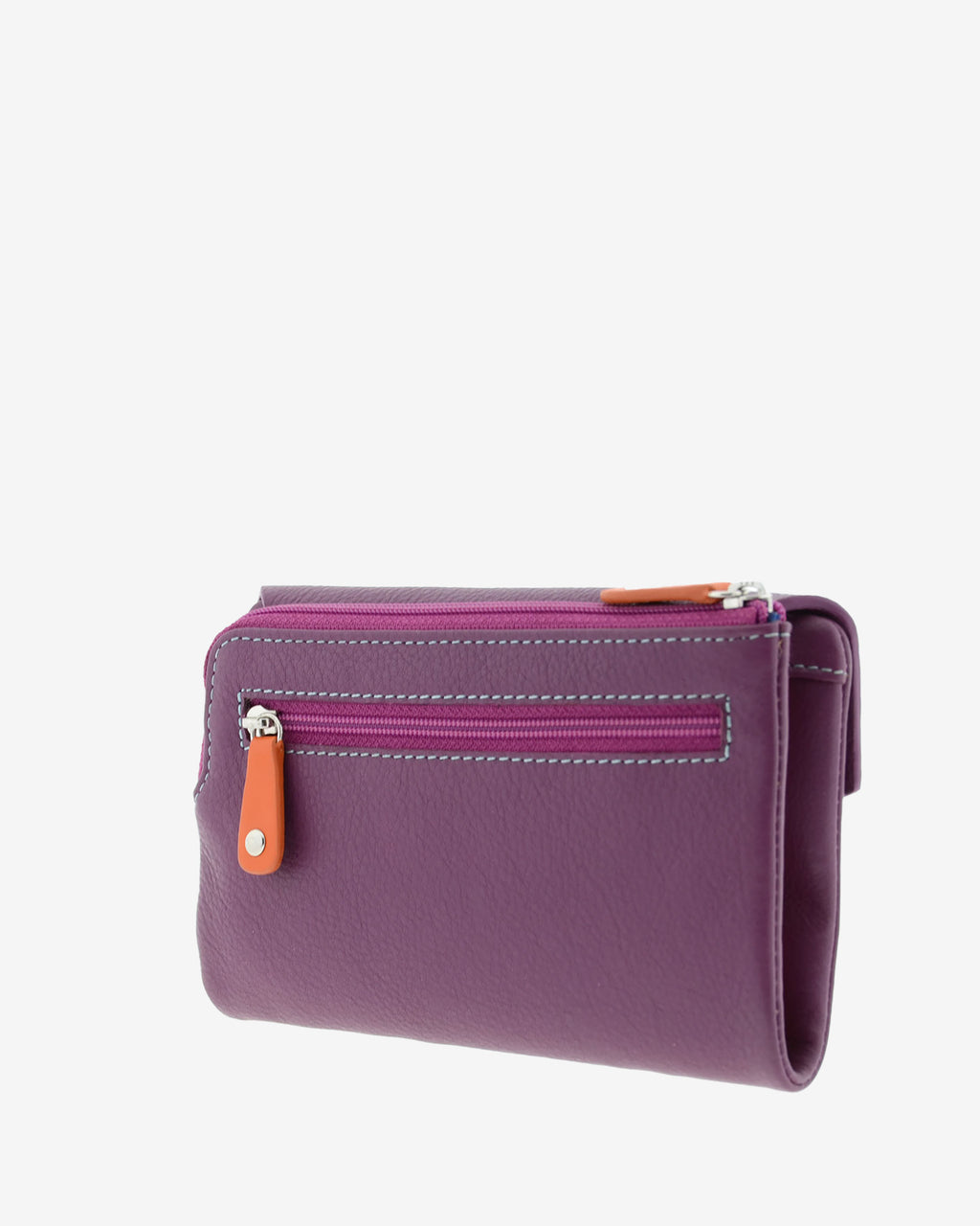 Cartera de mujer mediana de piel de napa extra suave en color morado, vista trasera con portamonedas exterior con cremallera y bolsillo con cremallera, referencia 4205-18