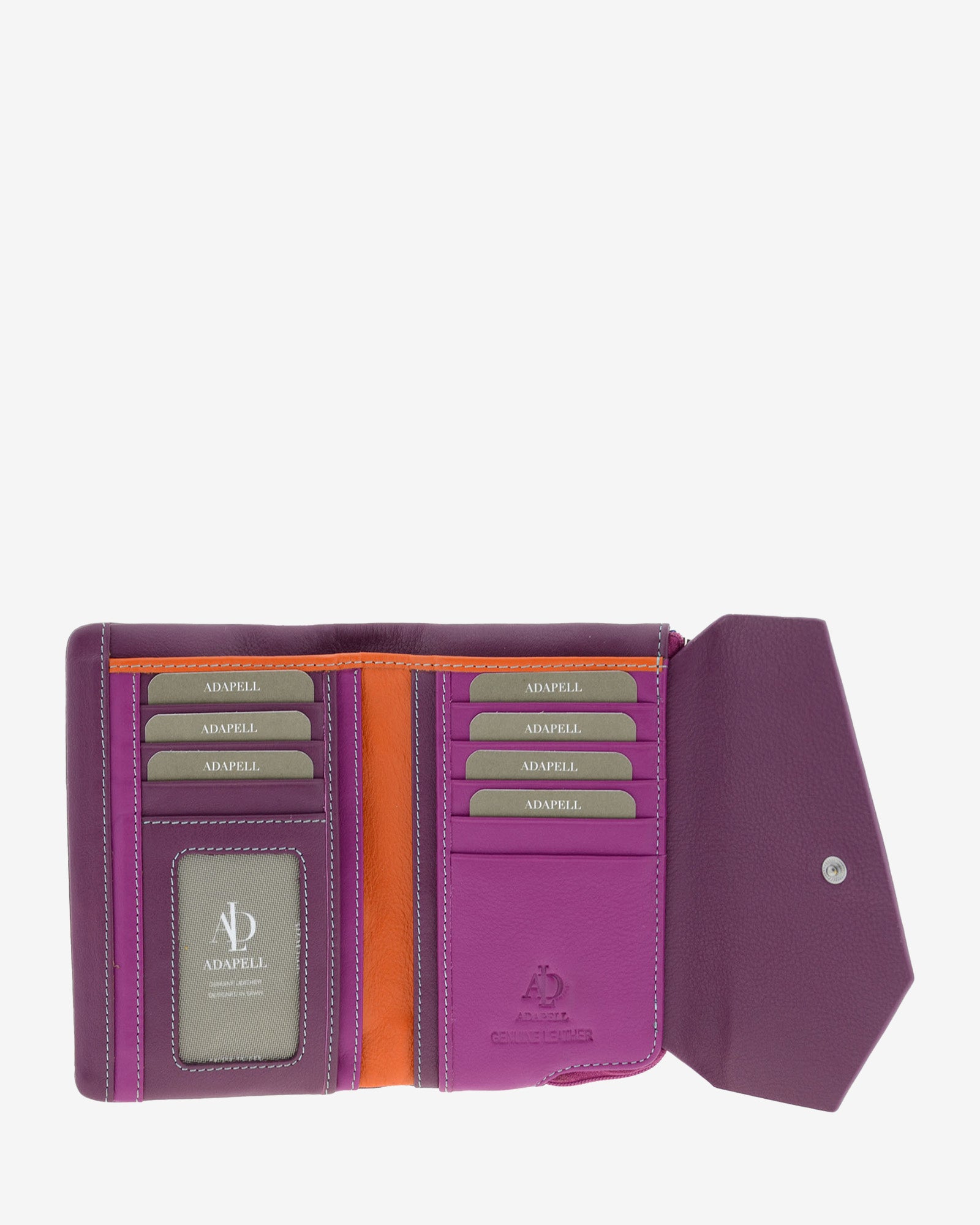 Cartera de mujer mediana de piel de napa extra suave en color morado, vista interior con compartimentos para tarjetas, ID, billetes y cuatro compartimentos verticales, referencia 4205-18