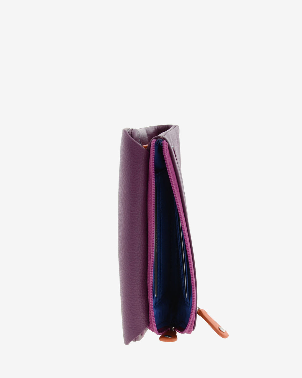 Cartera de mujer mediana de piel de napa extra suave en color morado, vista trasera de portamonedas con cremallera y compartimentos para tarjetas en su interior, referencia 4205-18