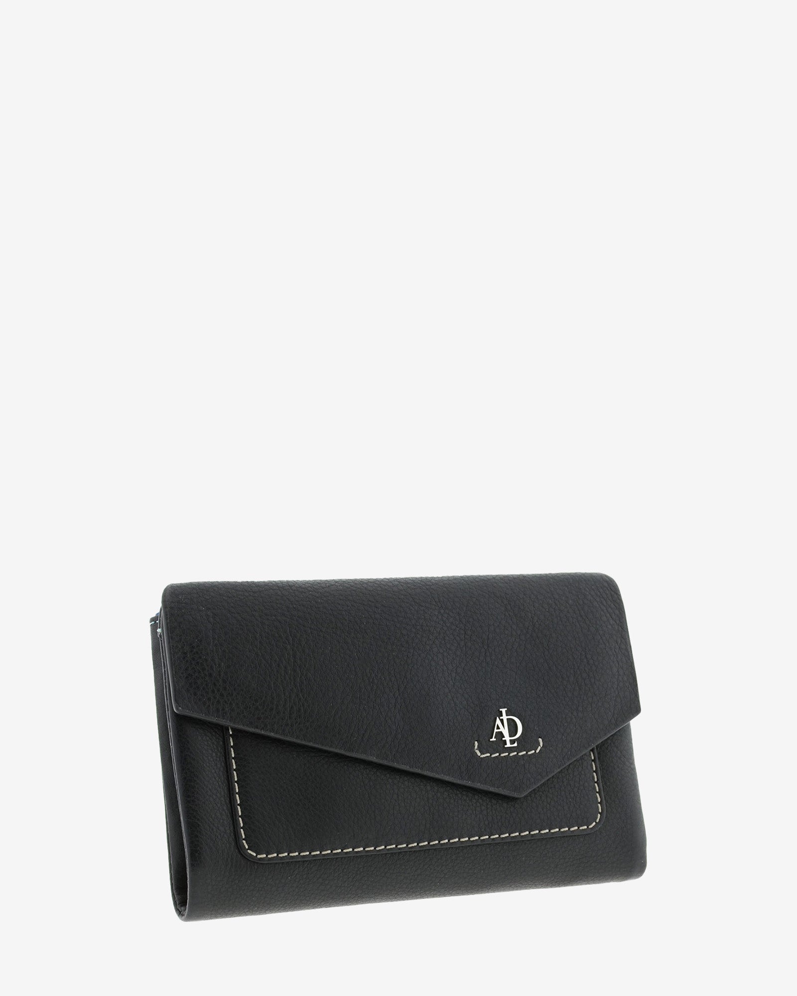 Cartera de mujer mediana de piel de napa extra suave en color negro, con bolsillo y solapa frontal, vista frontal, referencia 4205-1
