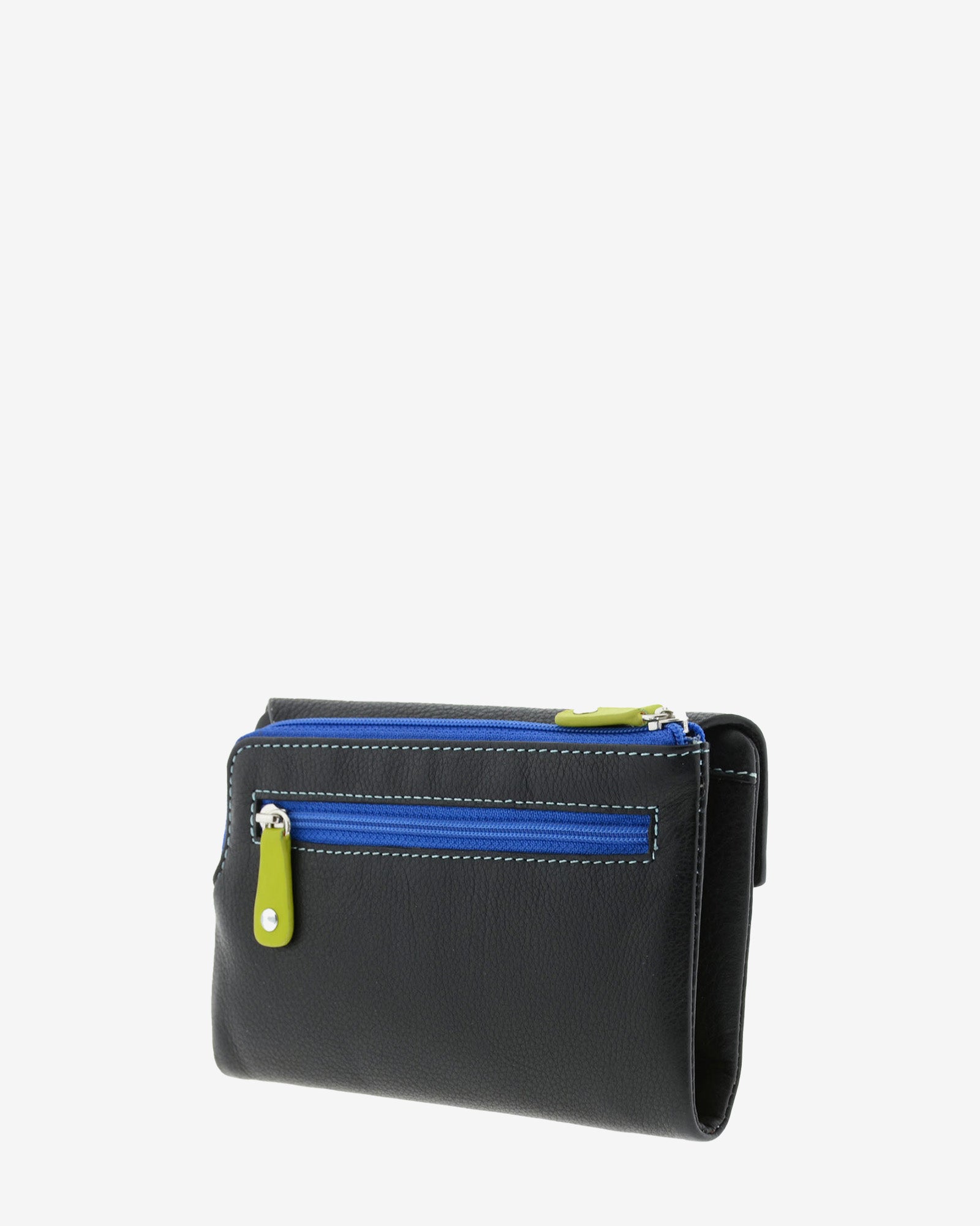 Cartera de mujer mediana de piel de napa extra suave en color negro, vista trasera con portamonedas exterior con cremallera y bolsillo con cremallera, referencia 4205-1