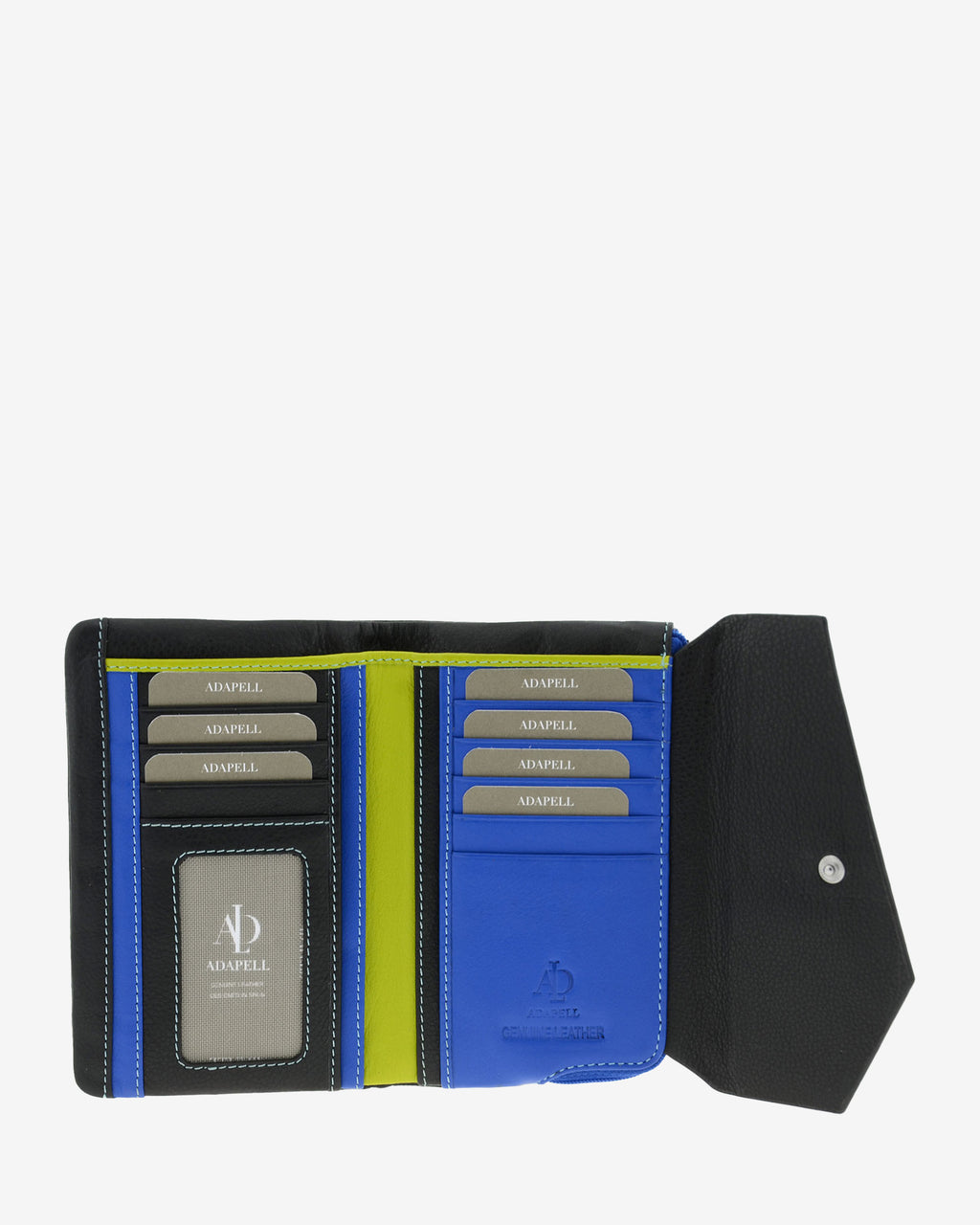 Cartera de mujer mediana de piel de napa extra suave en color negro, vista interior con compartimentos para tarjetas, ID, billetes y cuatro compartimentos verticales, referencia 4205-1