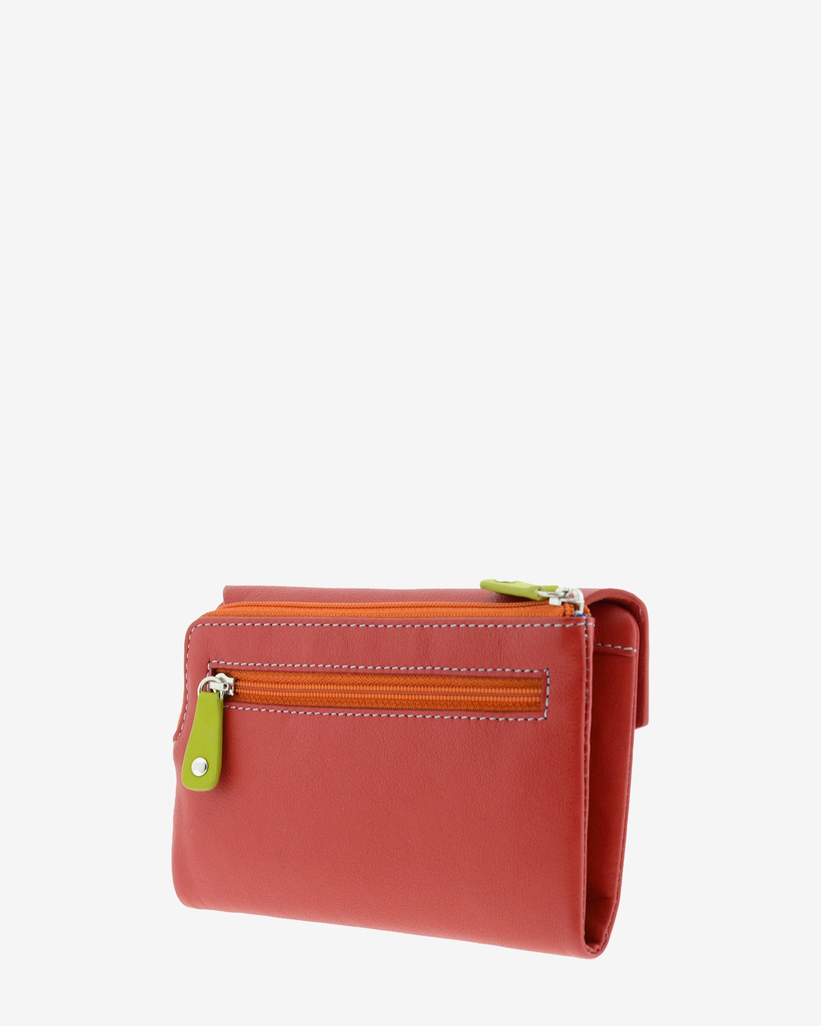Cartera de mujer mediana de piel de napa extra suave en color rojo, vista trasera con portamonedas exterior con cremallera naranja a contraste y tirador verde, con bolsillo con cremallera, referencia 4205-3