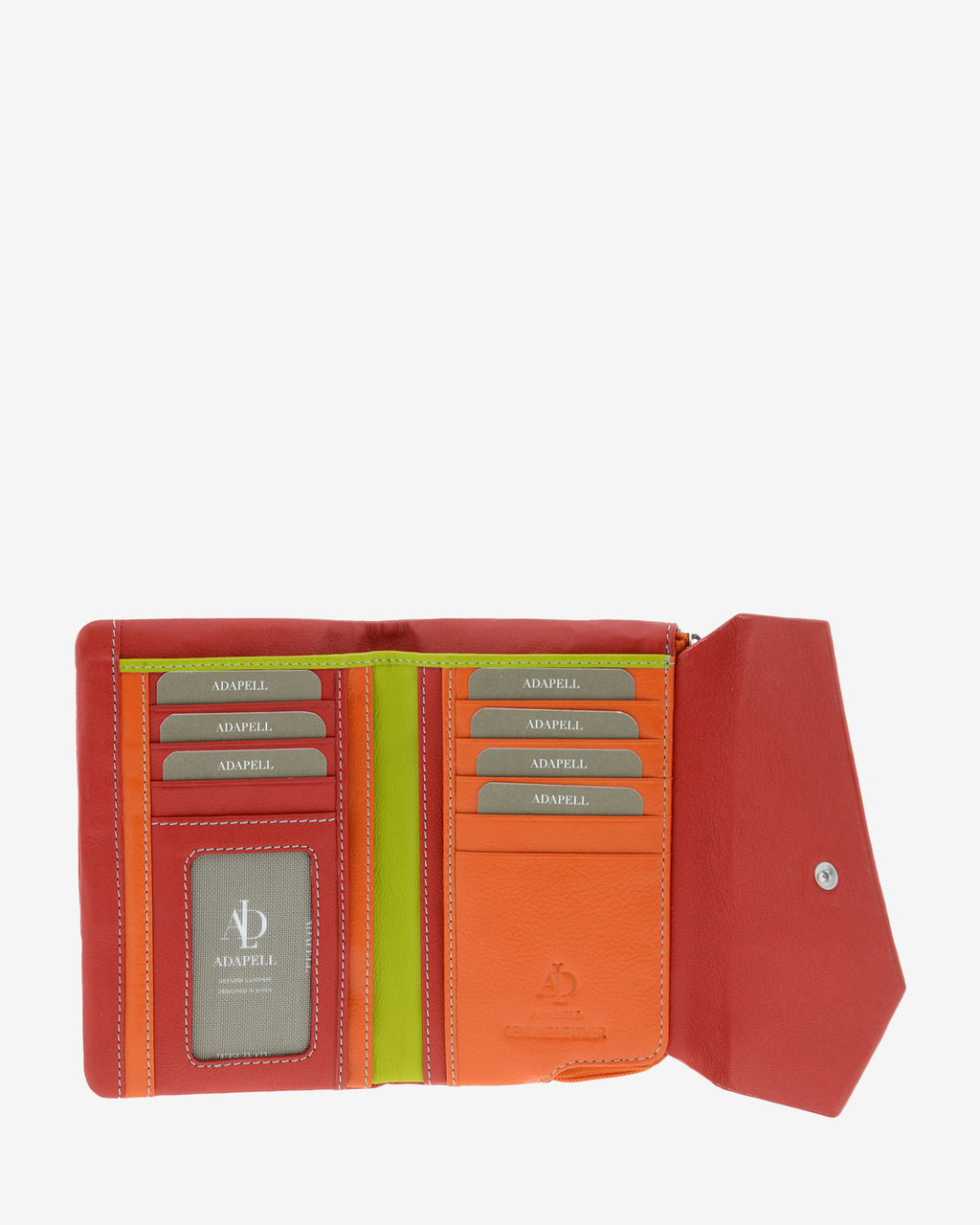 Cartera de mujer mediana de piel de napa extra suave en color rojo, vista interior con compartimentos para tarjetas, ID, billetes y cuatro compartimentos verticales, combinado en colores rojo, naranja y verde, referencia 4205-3