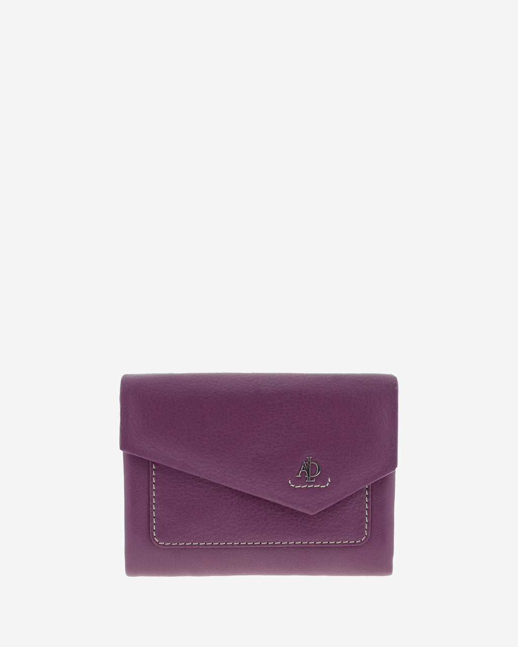 Cartera de mujer pequeña de piel de napa extra suave en color mora, con bolsillo y solapa frontal, vista frontal centrada, referencia 4206-18
