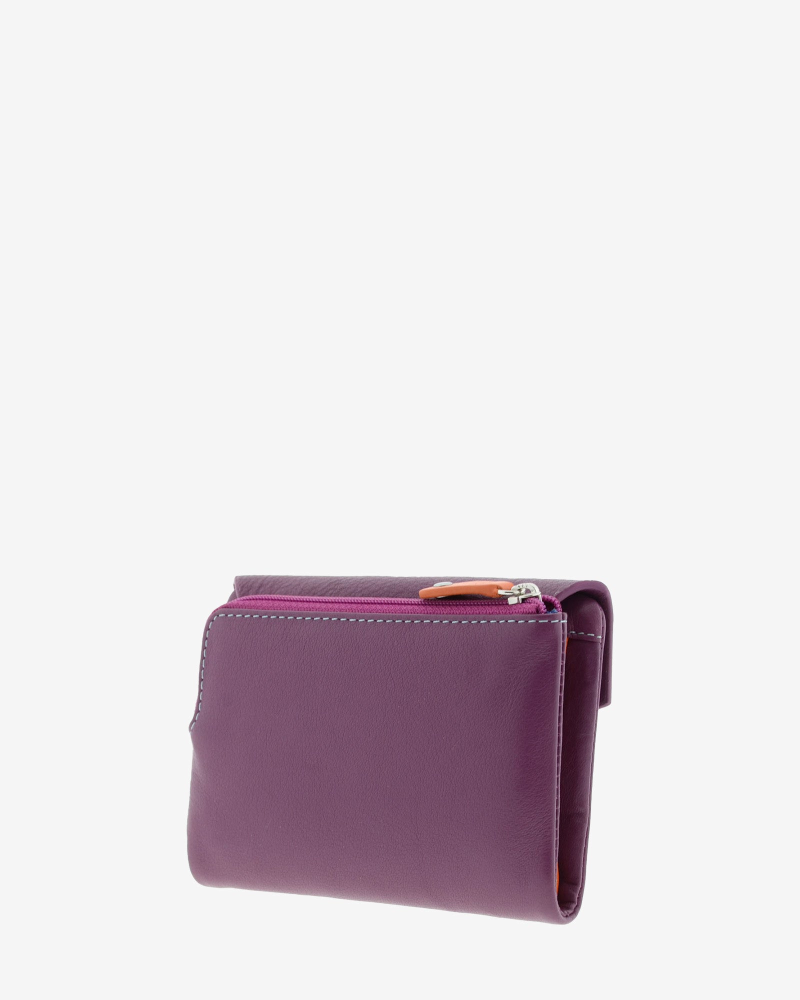 Cartera de mujer pequeña de piel de napa extra suave en color morado, vista trasera con portamonedas exterior con cremallera, referencia 4206-18