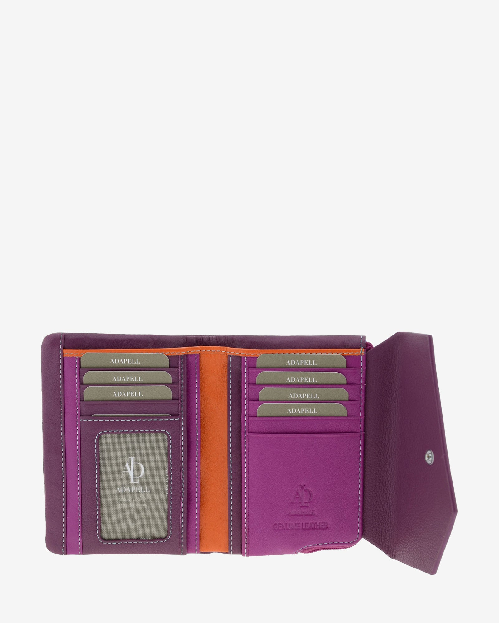 Cartera de mujer pequeña de piel de napa extra suave en color mora, vista interior con compartimentos para tarjetas, ID, billetes y cuatro compartimentos verticales, referencia 4206-18