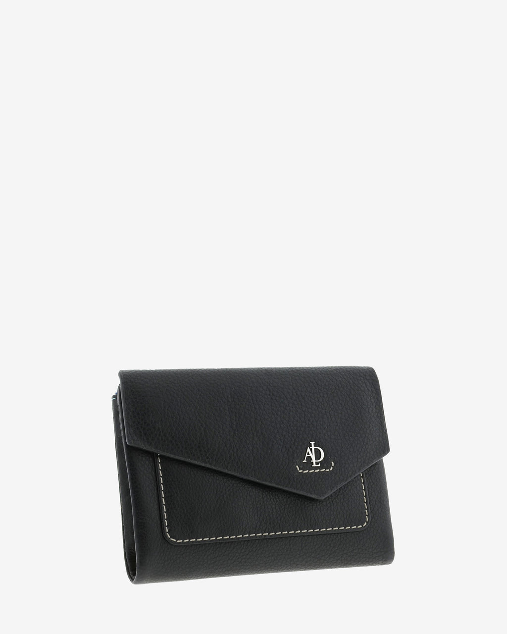 Cartera de mujer pequeñade piel de napa extra suave en color negro, con bolsillo y solapa frontal, vista frontal, referencia 4206-1